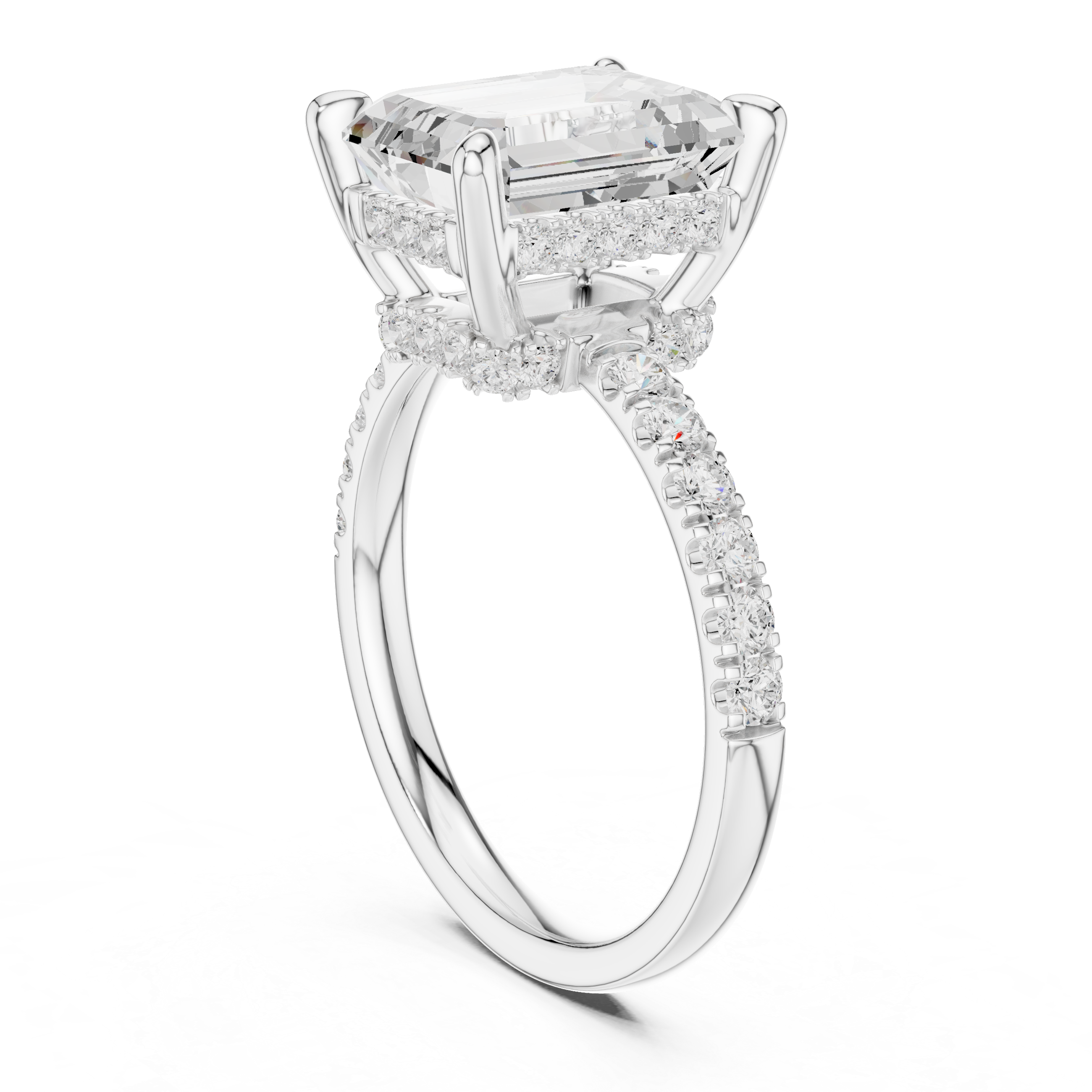 Emerald Cut Hidden Halo Engagement Ring with Pavé Diamond Band