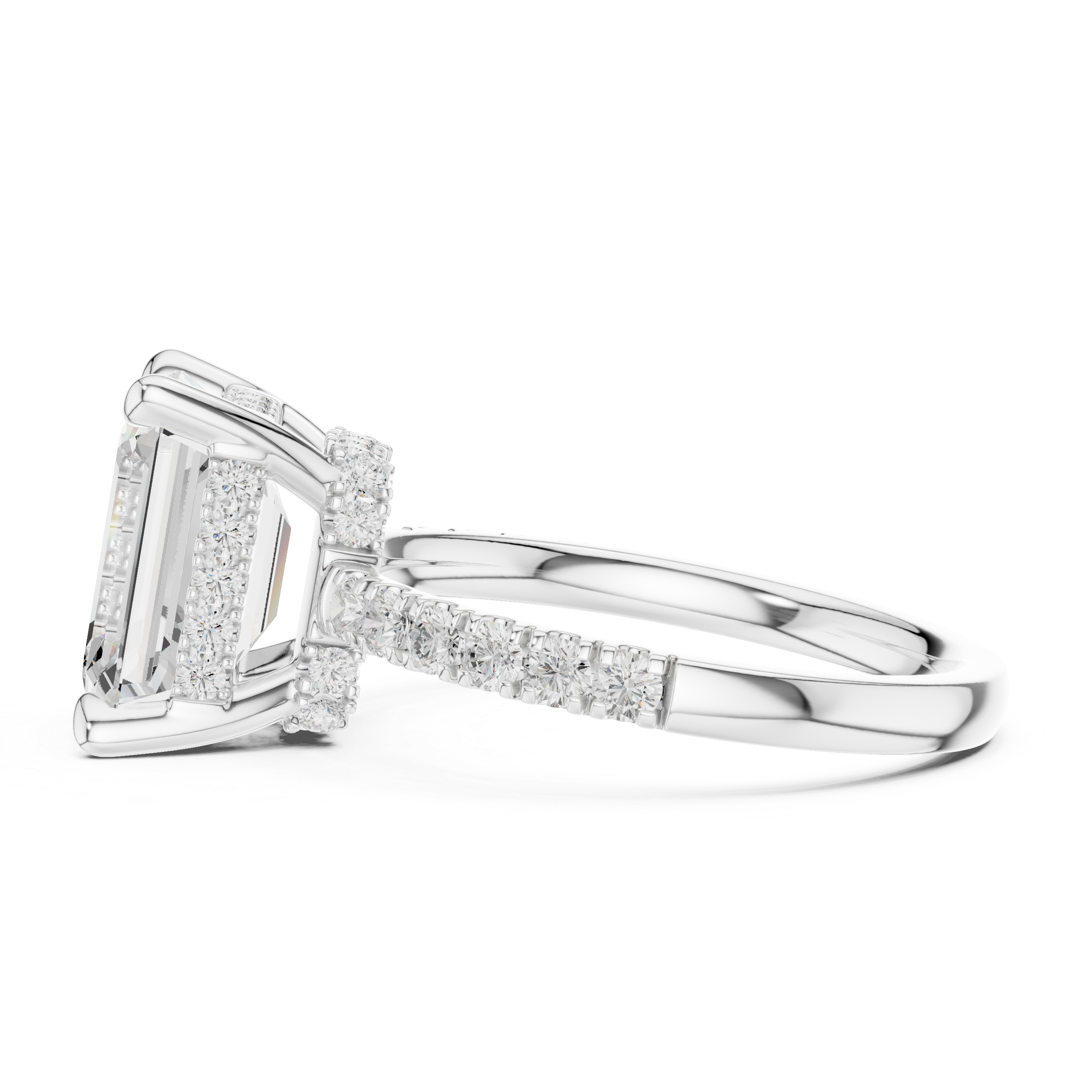 Emerald Cut Hidden Halo Engagement Ring with Pavé Diamond Band