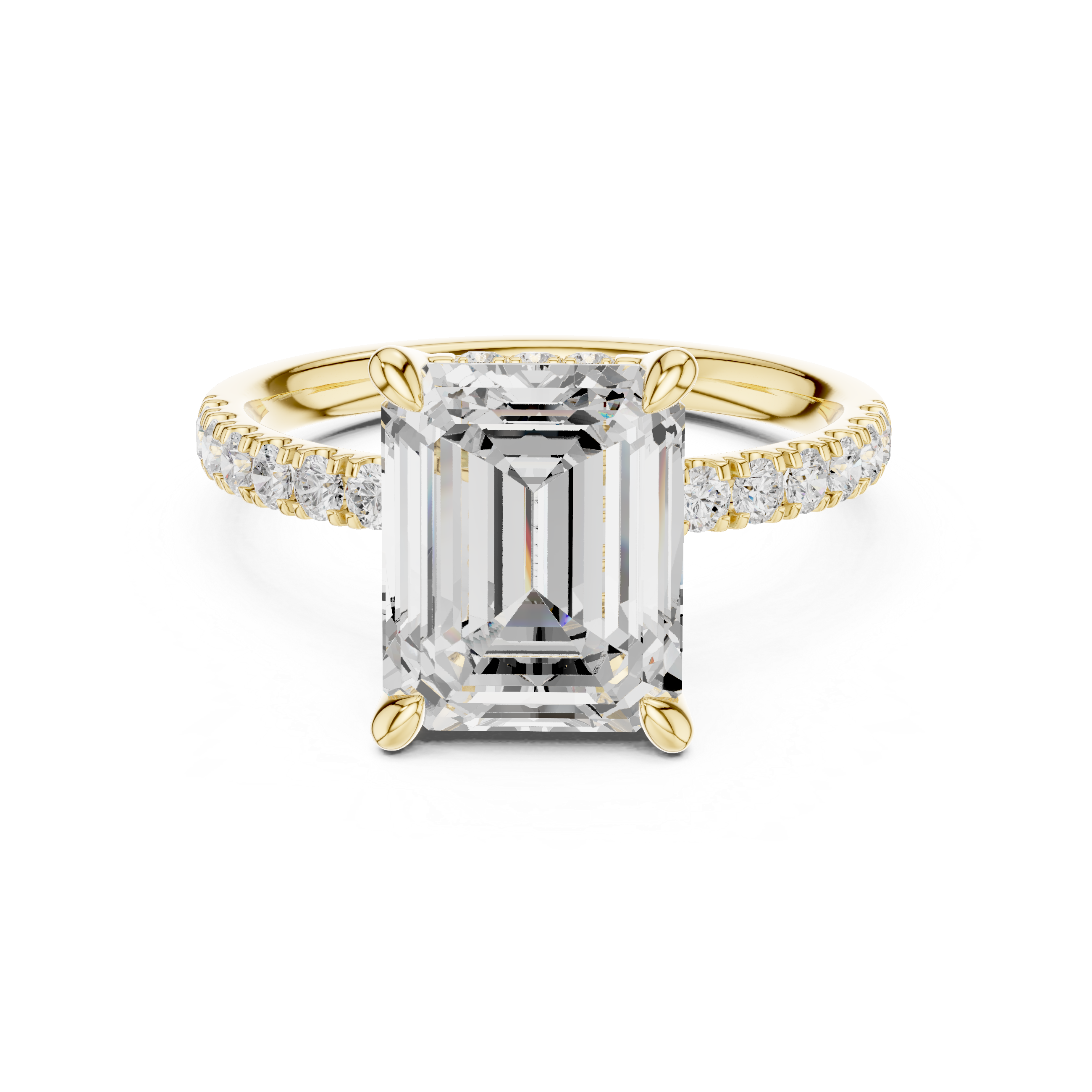 Emerald Cut Hidden Halo Engagement Ring with Pavé Diamond Band
