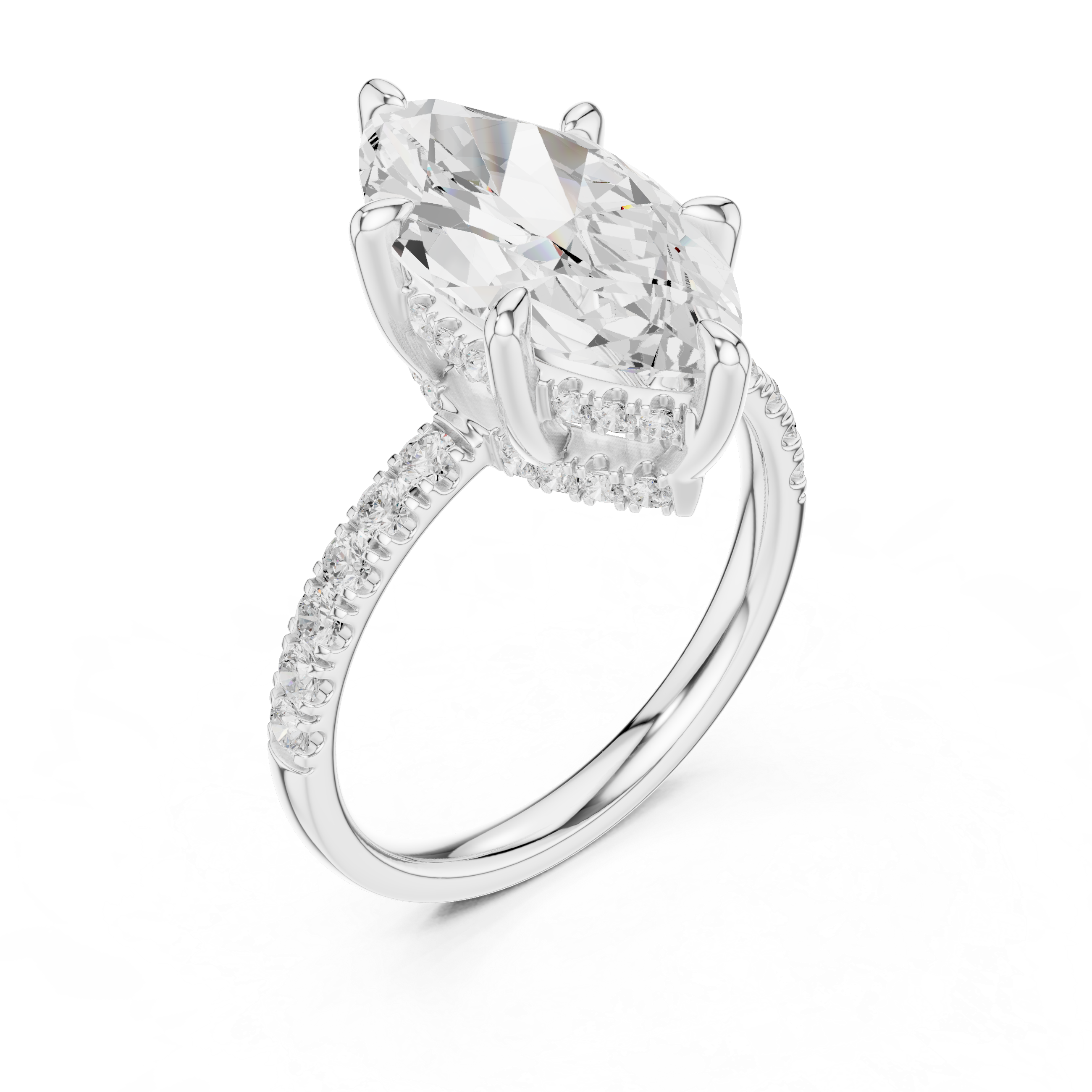 Marquise Cut Hidden Halo Engagement Ring with Pavé Diamond Band