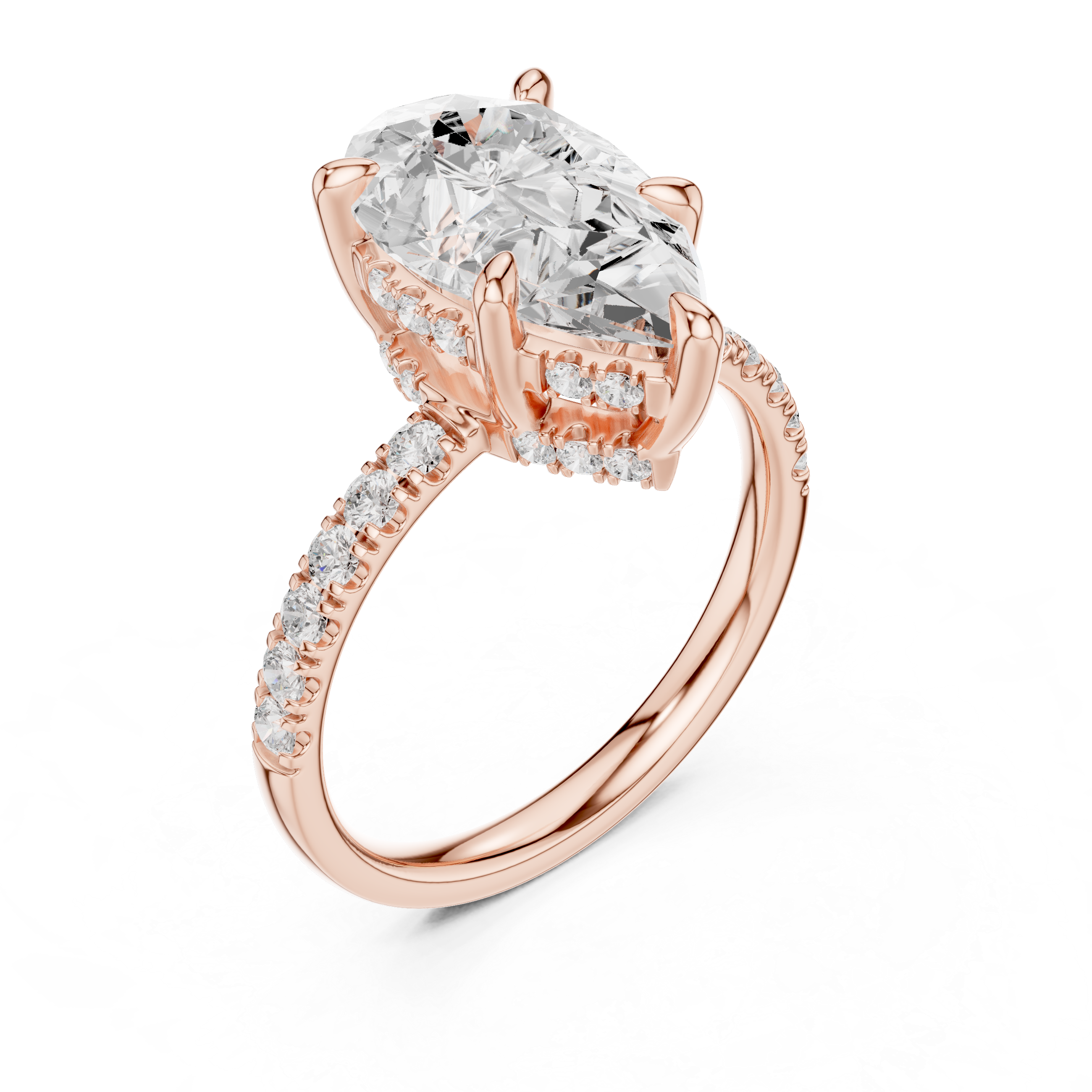 Pear Cut Hidden Halo Engagement Ring with Pavé Diamond Band