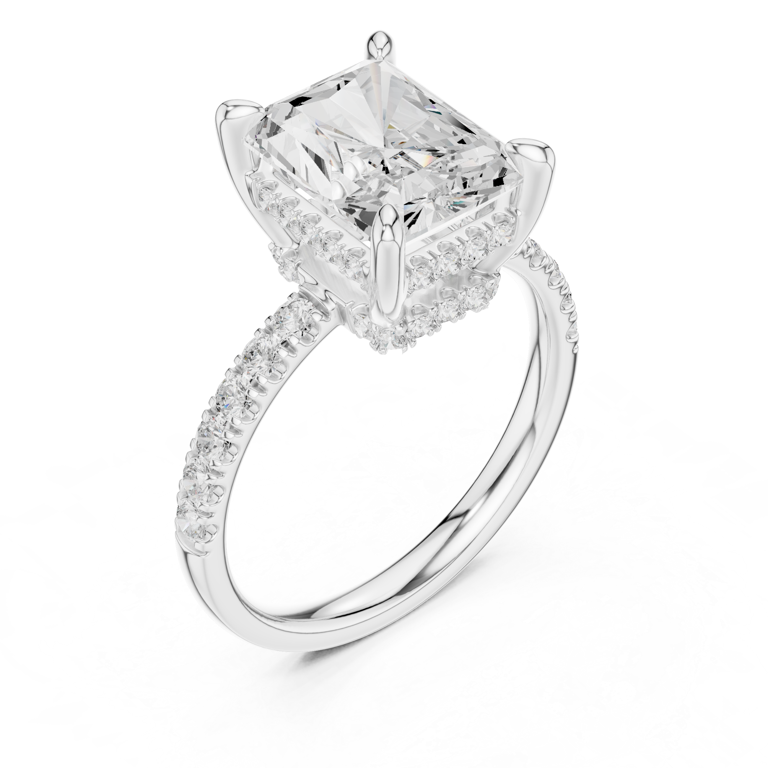 Radiant Cut Hidden Halo Engagement Ring with Pavé Diamond Band