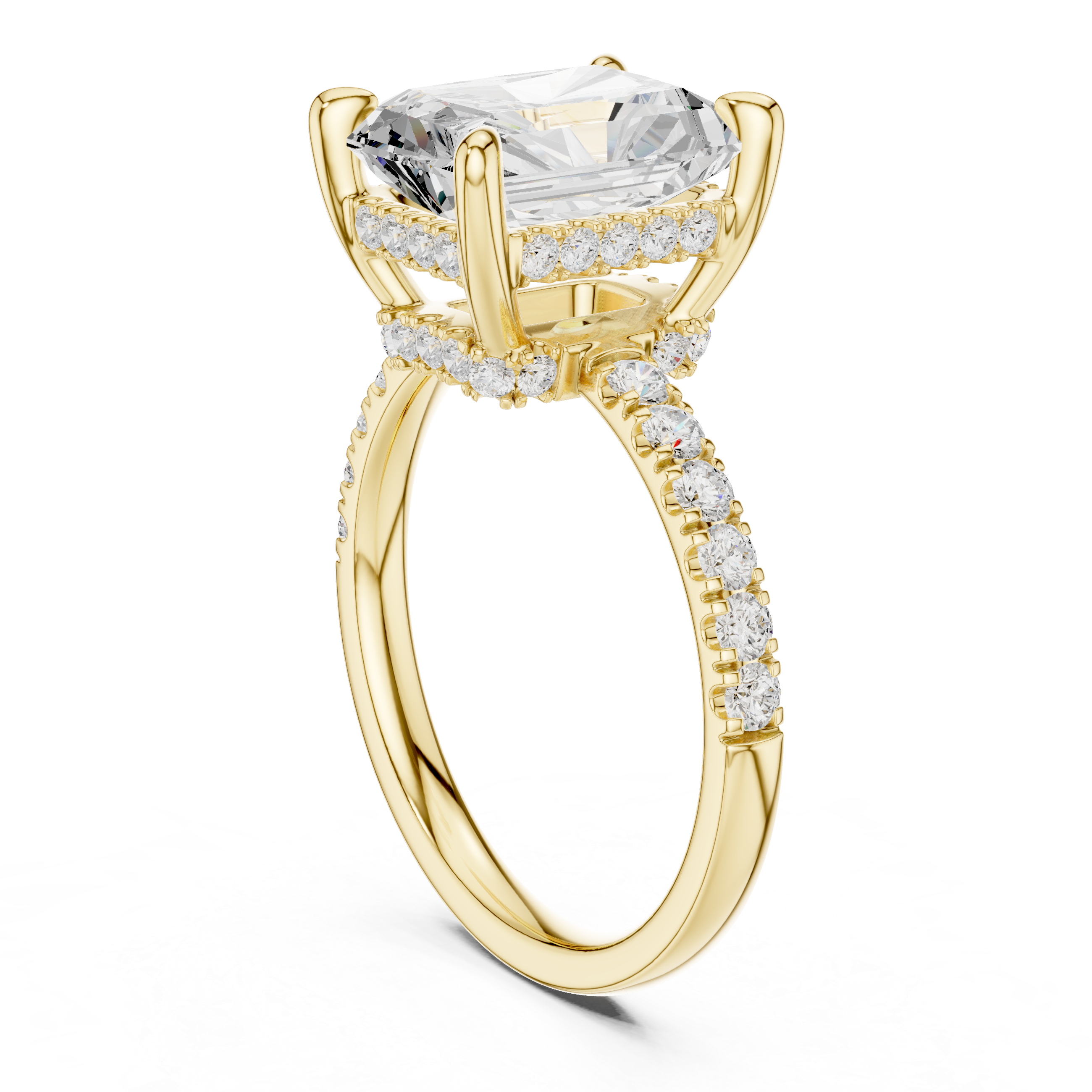 Radiant Cut Hidden Halo Engagement Ring with Pavé Diamond Band