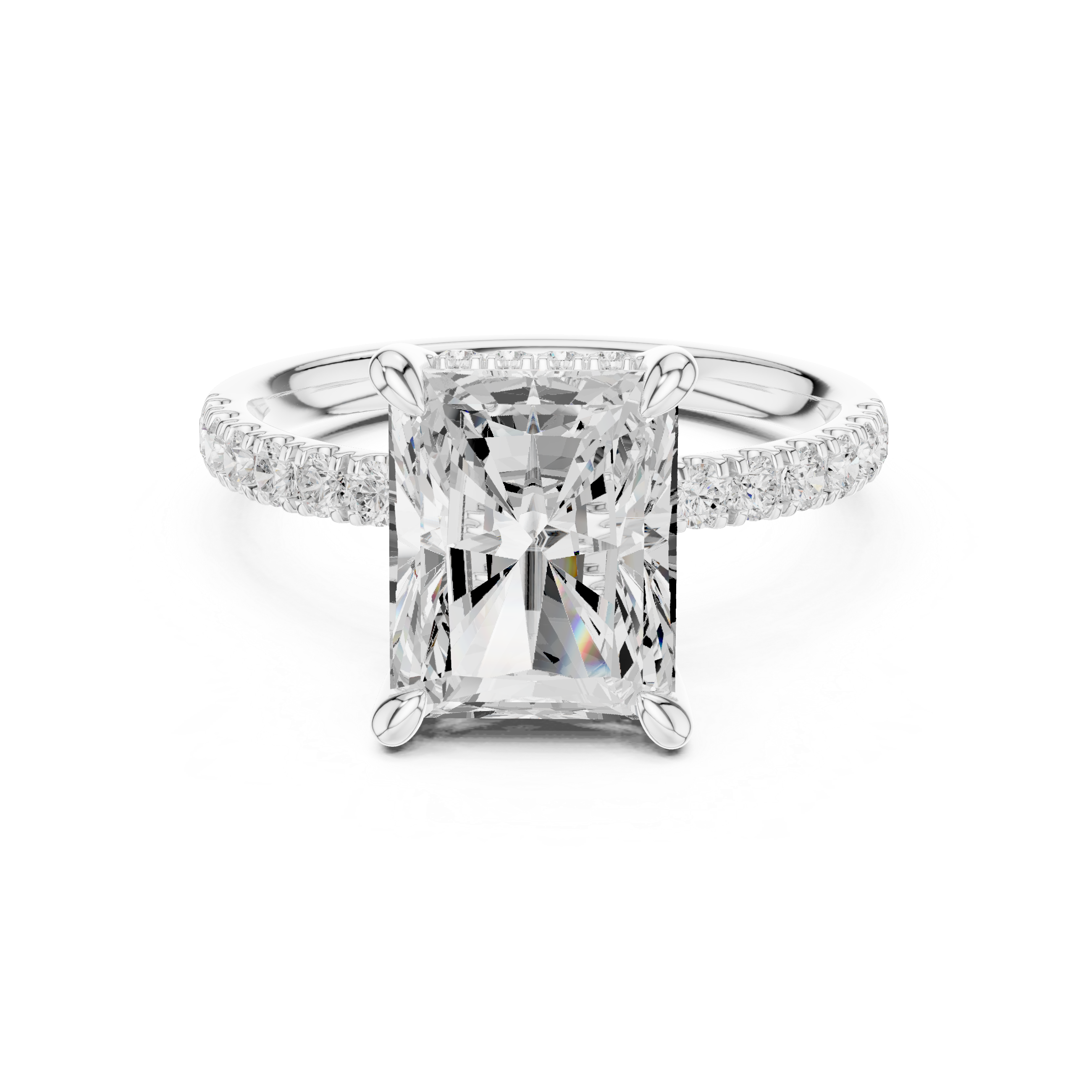Radiant Cut Hidden Halo Engagement Ring with Pavé Diamond Band