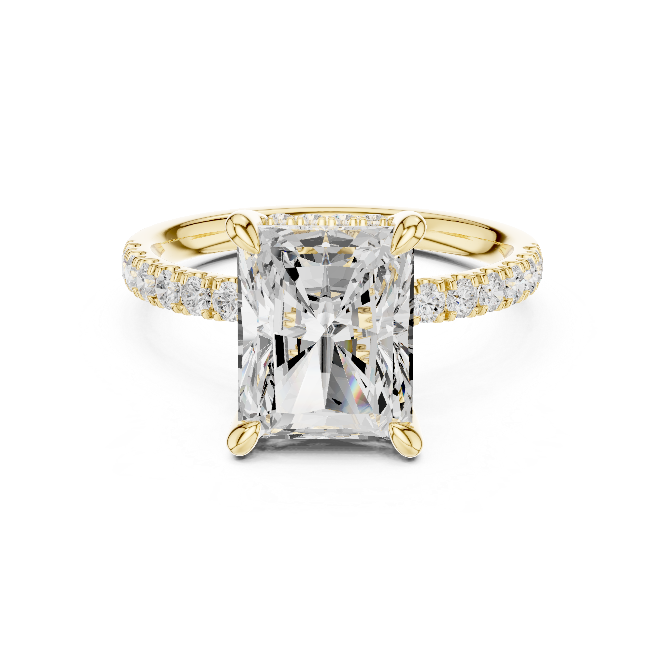 Radiant Cut Hidden Halo Engagement Ring with Pavé Diamond Band