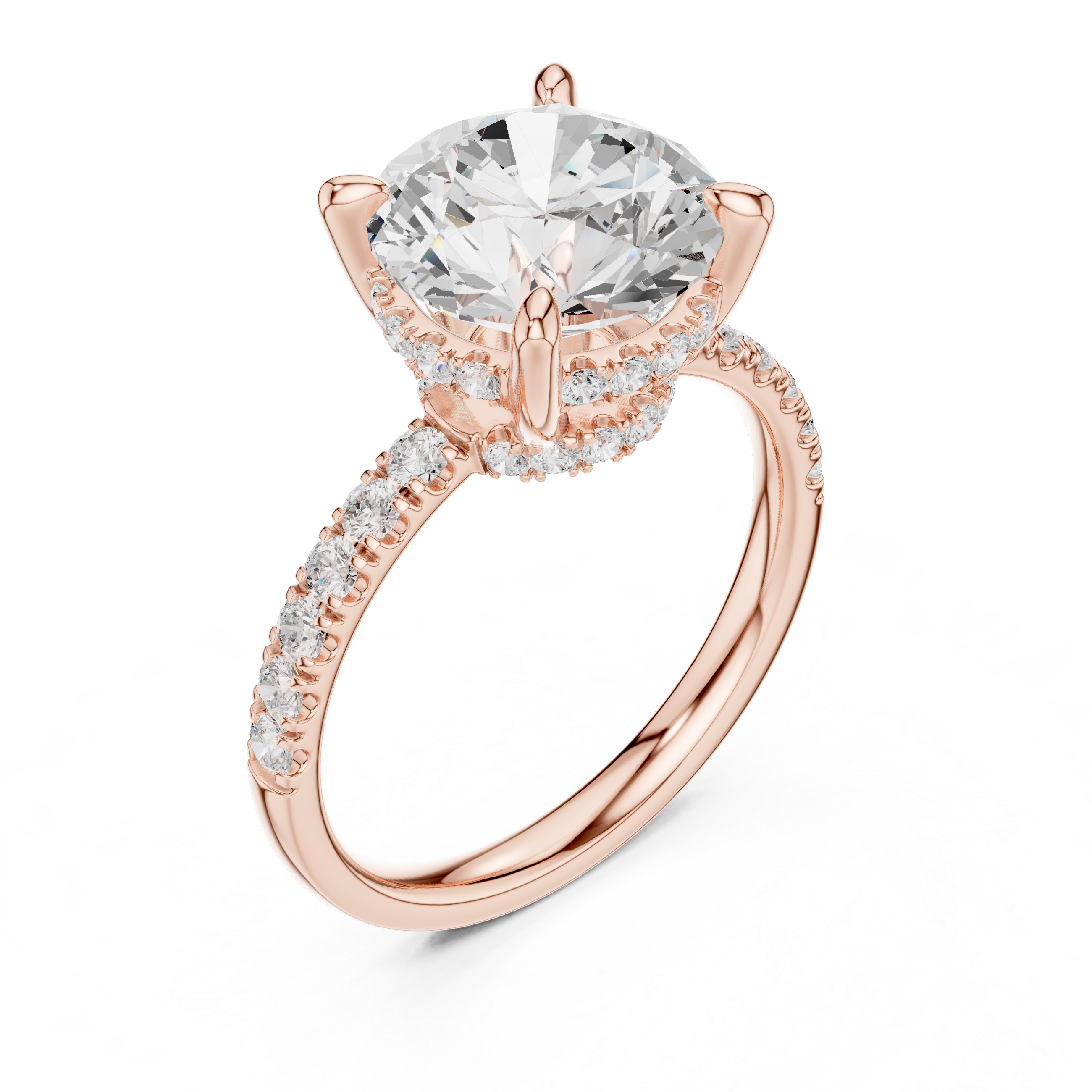 Round Brilliant Hidden Halo Engagement Ring with Pavé Diamond Band