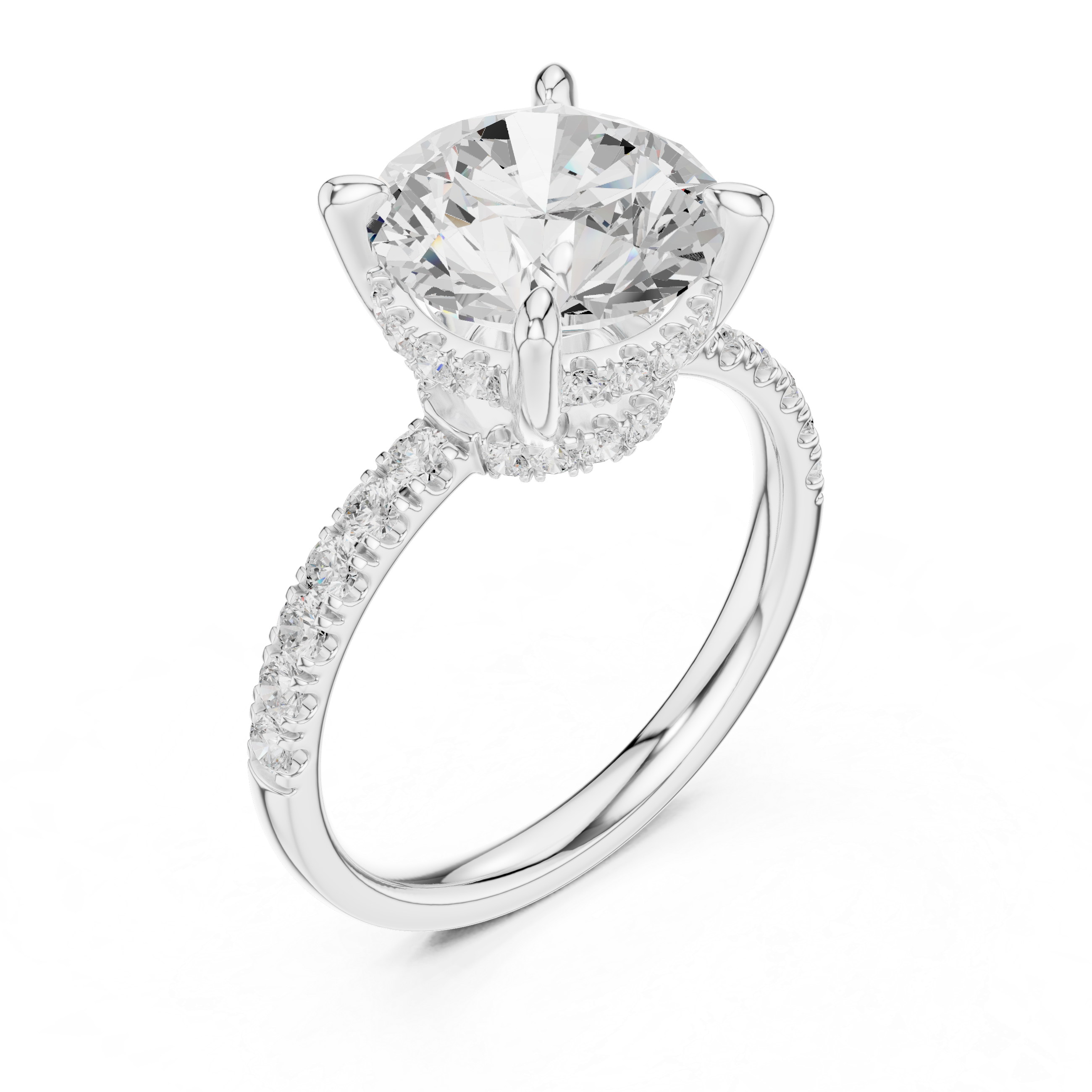 Round Brilliant Hidden Halo Engagement Ring with Pavé Diamond Band