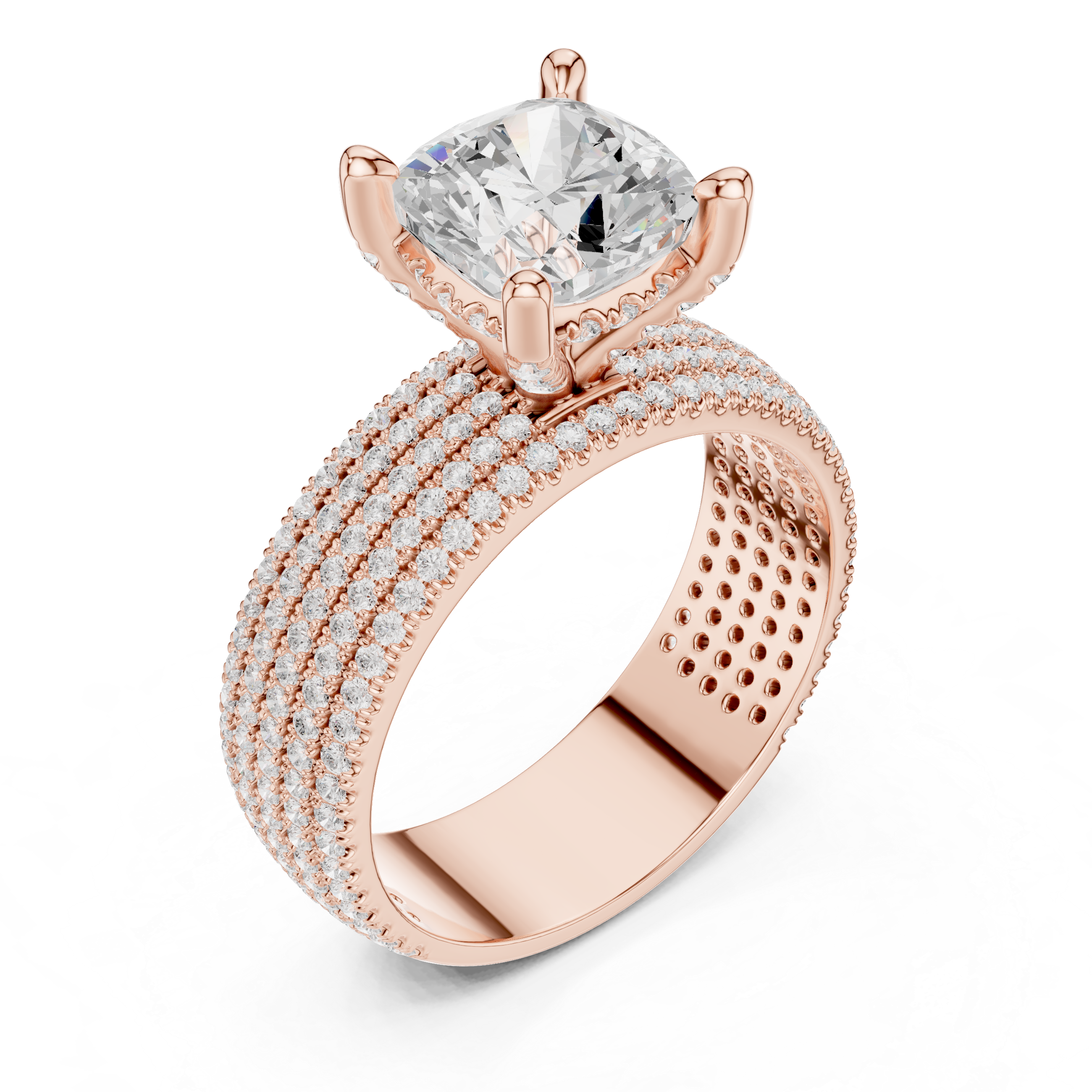 Cushion Cut Multi-Row Pavé Diamond Statement Engagement Ring
