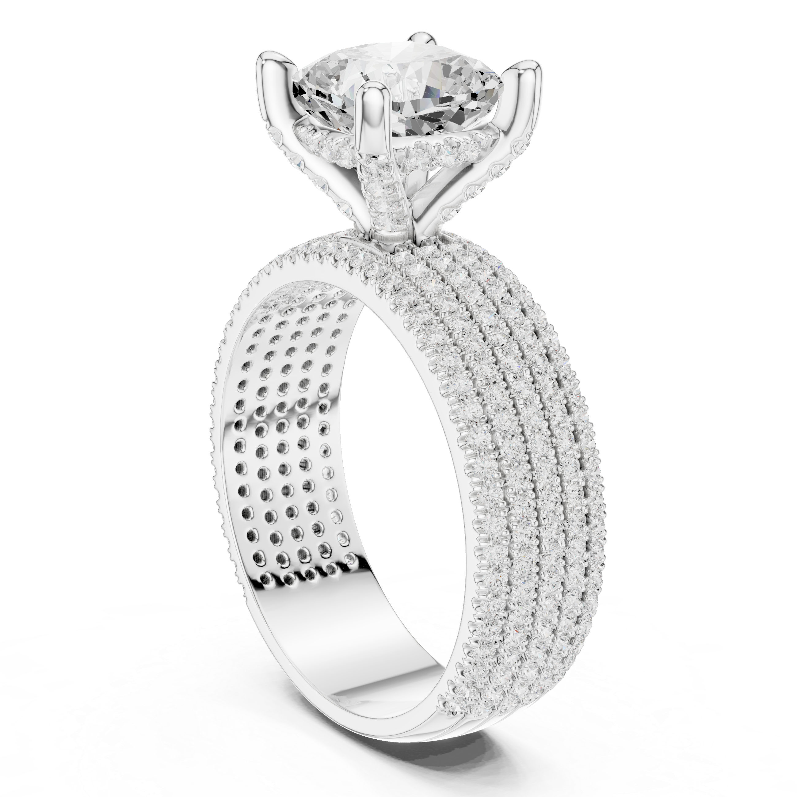 Cushion Cut Multi-Row Pavé Diamond Statement Engagement Ring