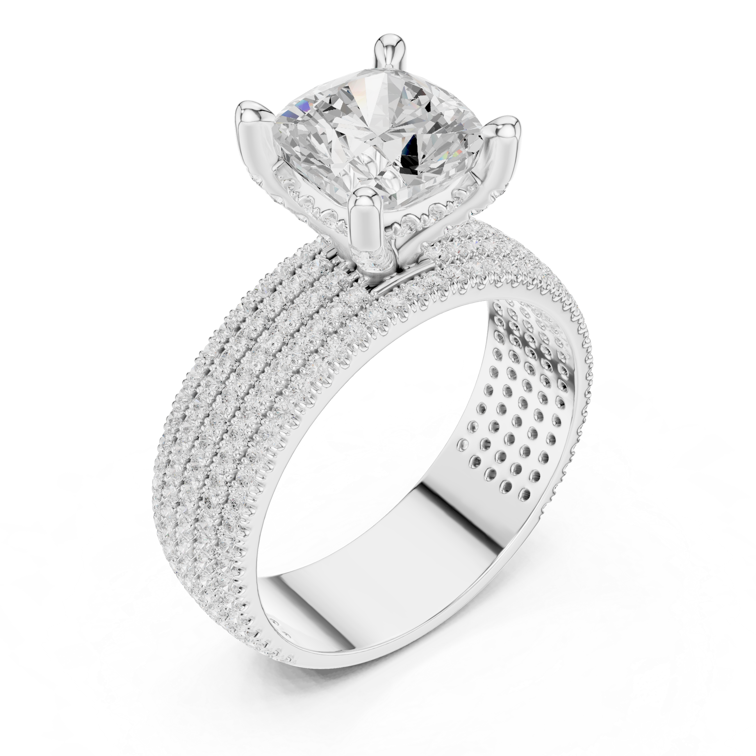Cushion Cut Multi-Row Pavé Diamond Statement Engagement Ring