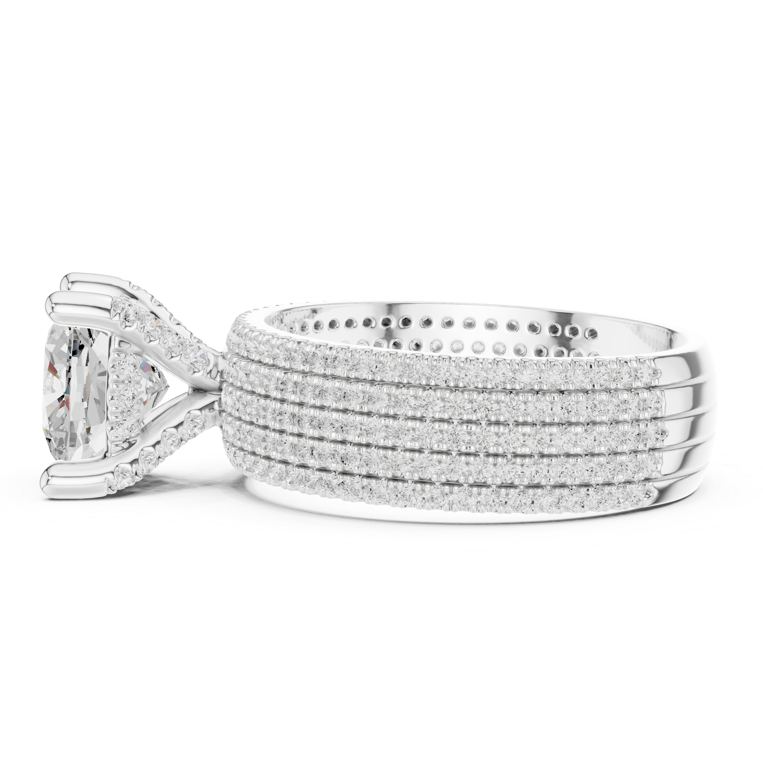 Cushion Cut Multi-Row Pavé Diamond Statement Engagement Ring