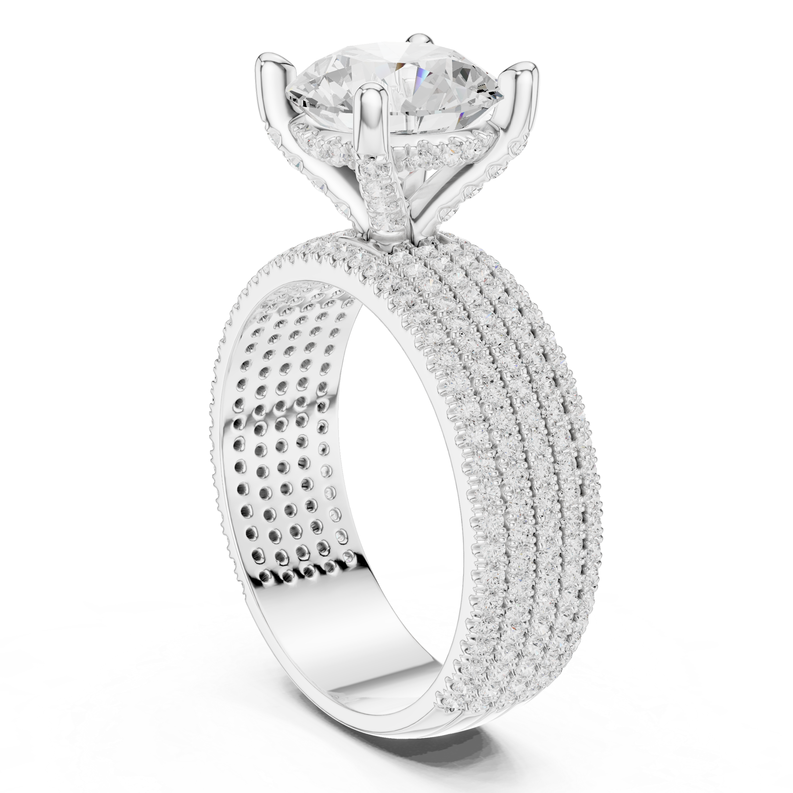 Round Cut Multi-Row Pavé Diamond Statement Engagement Ring