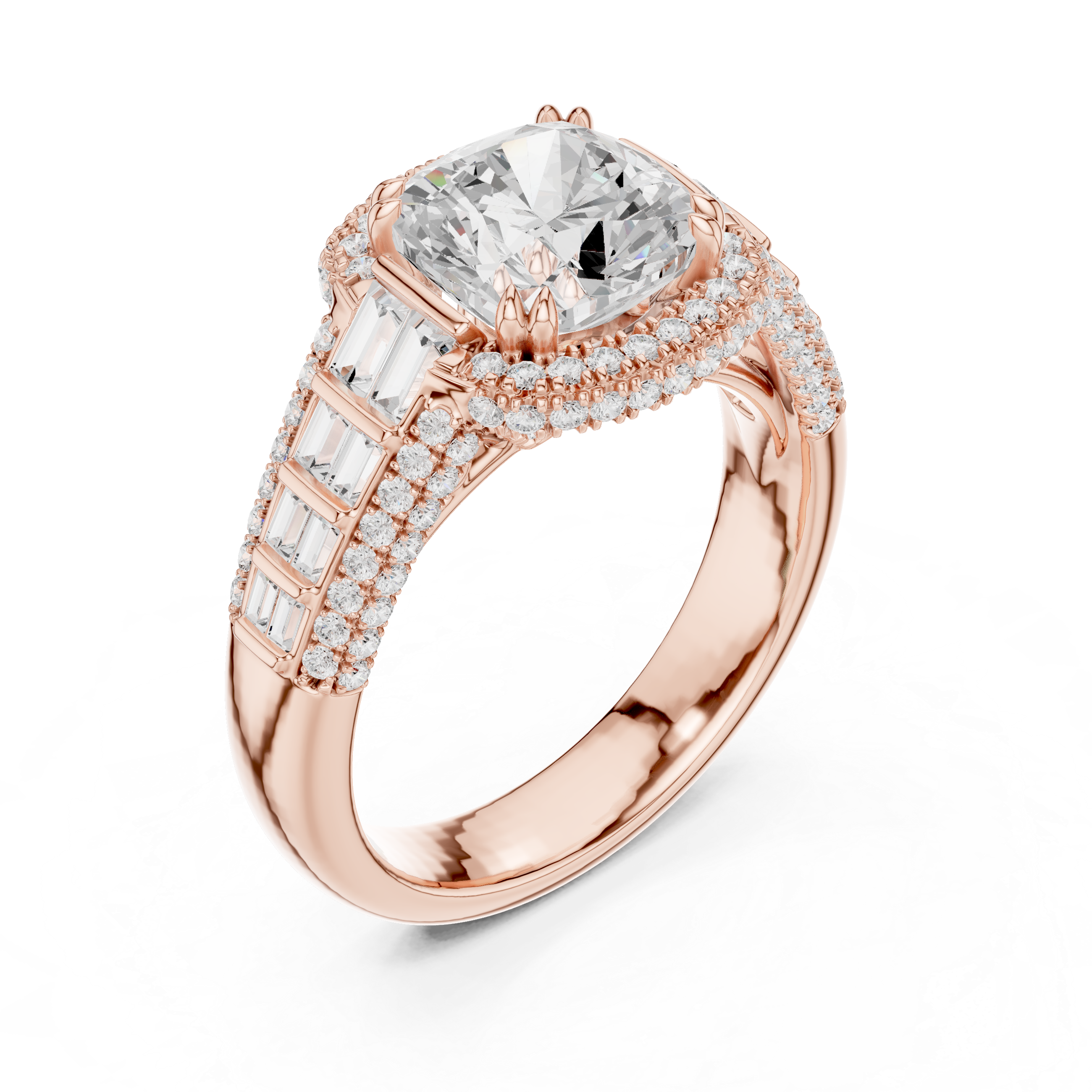Vintage Cushion Cut Double Halo Engagement Ring with Baguette Diamond Shoulders