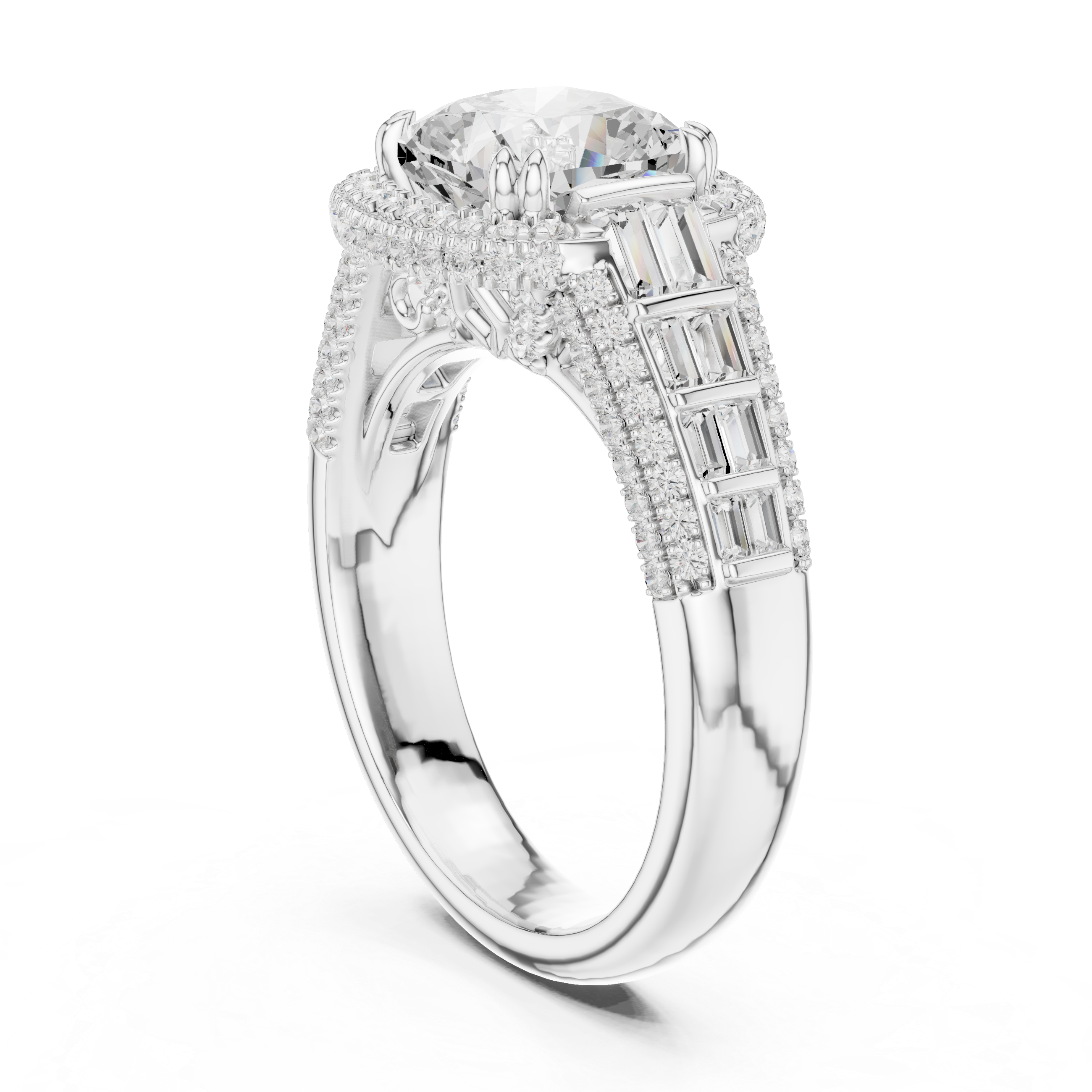 Vintage Cushion Cut Double Halo Engagement Ring with Baguette Diamond Shoulders