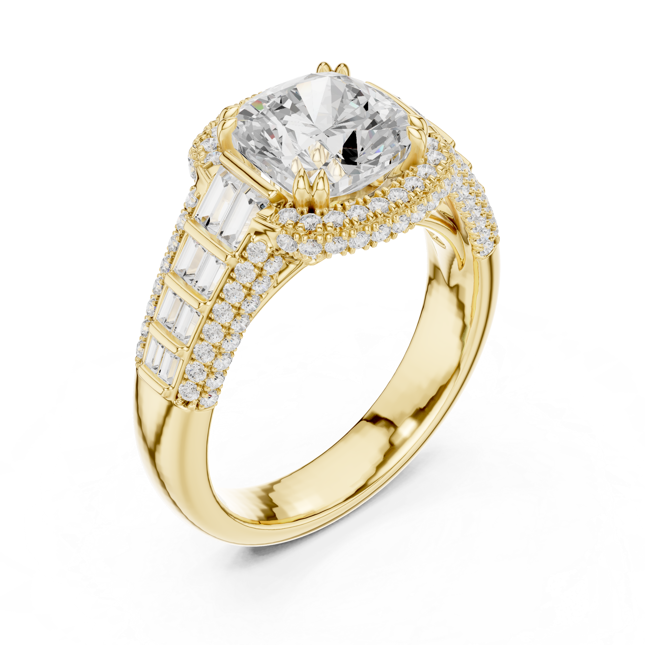Vintage Cushion Cut Double Halo Engagement Ring with Baguette Diamond Shoulders