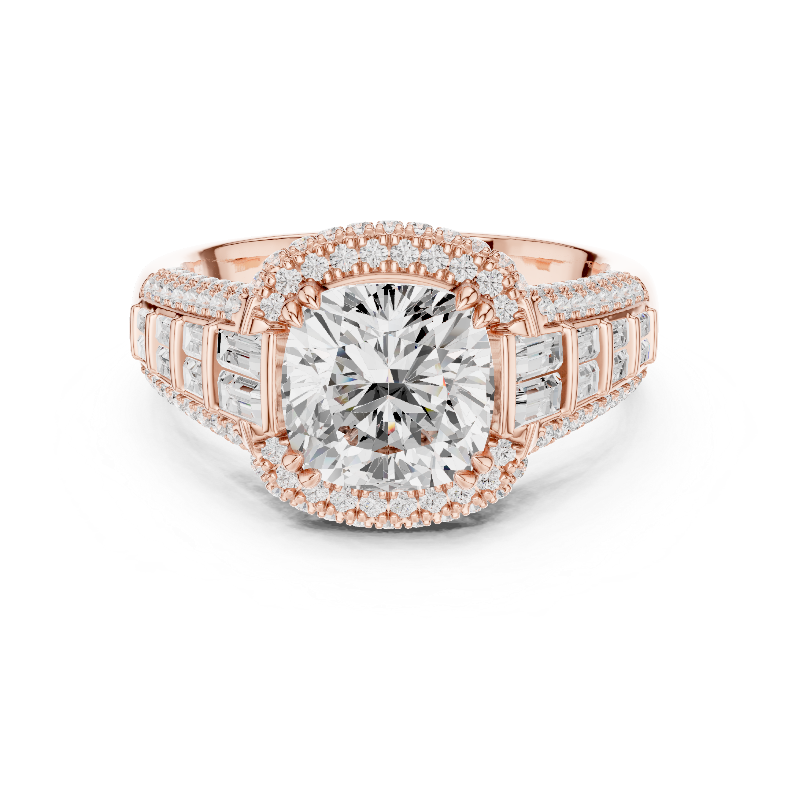 Vintage Cushion Cut Double Halo Engagement Ring with Baguette Diamond Shoulders