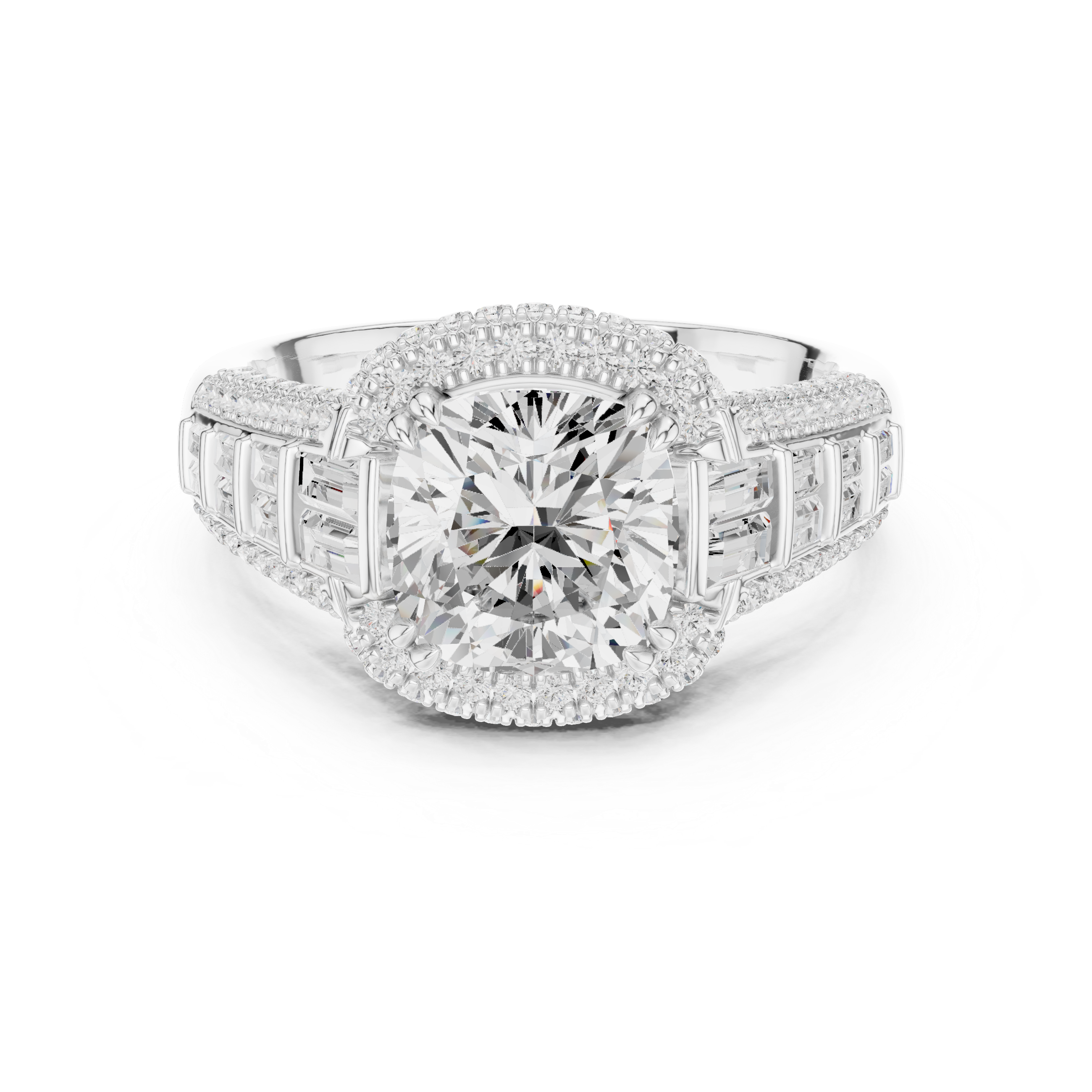 Vintage Cushion Cut Double Halo Engagement Ring with Baguette Diamond Shoulders