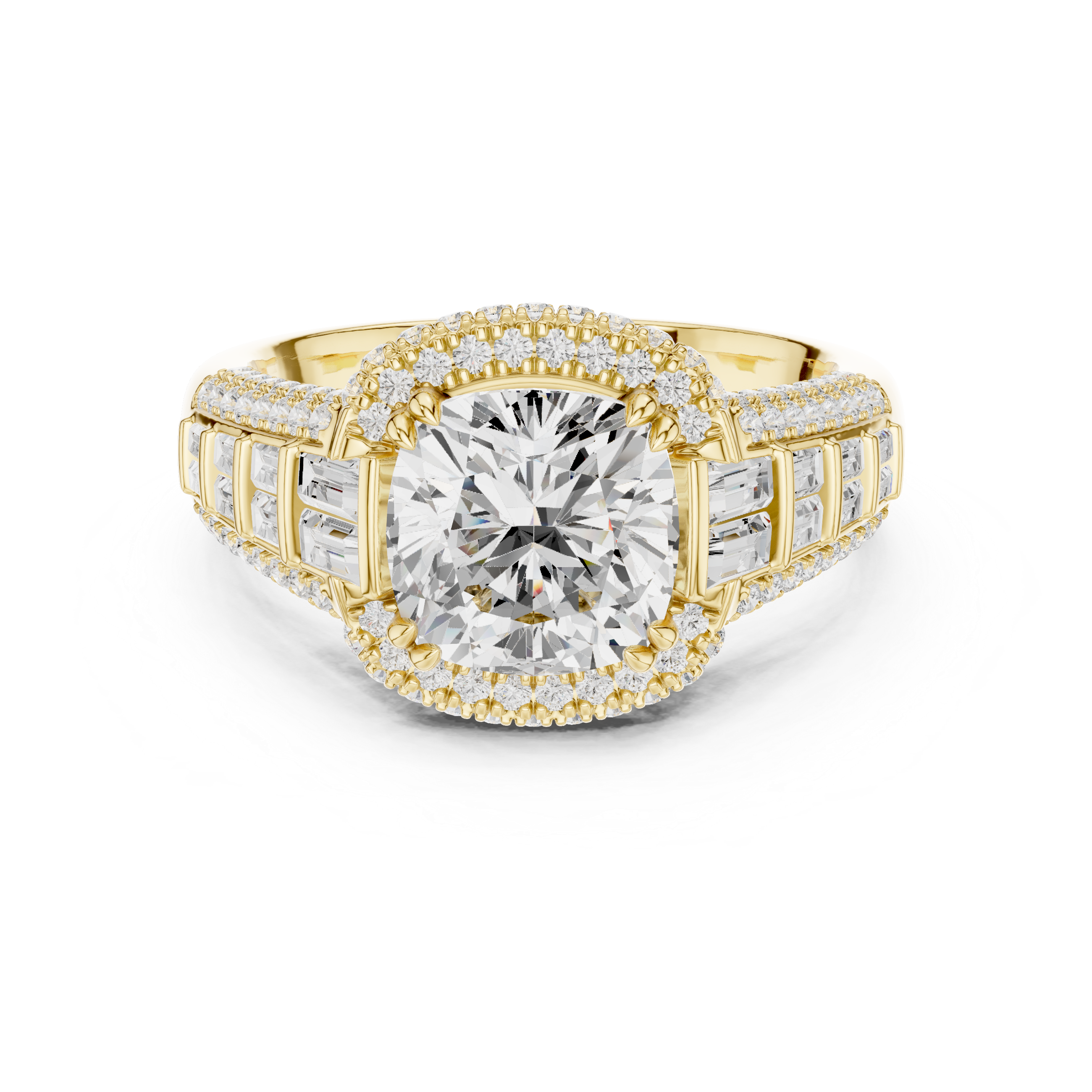 Vintage Cushion Cut Double Halo Engagement Ring with Baguette Diamond Shoulders