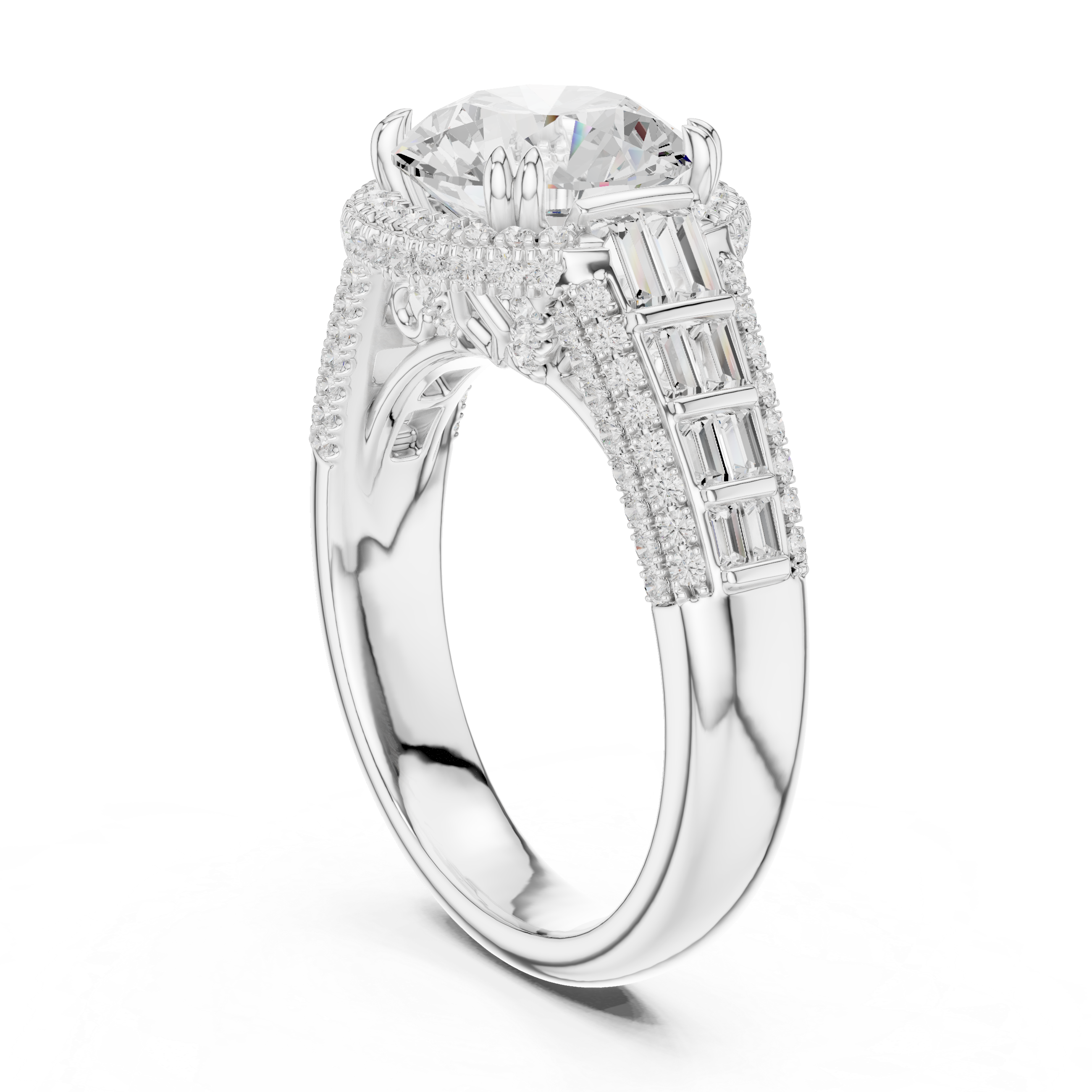 Vintage Round Cut Double Halo Engagement Ring with Baguette Diamond Shoulders