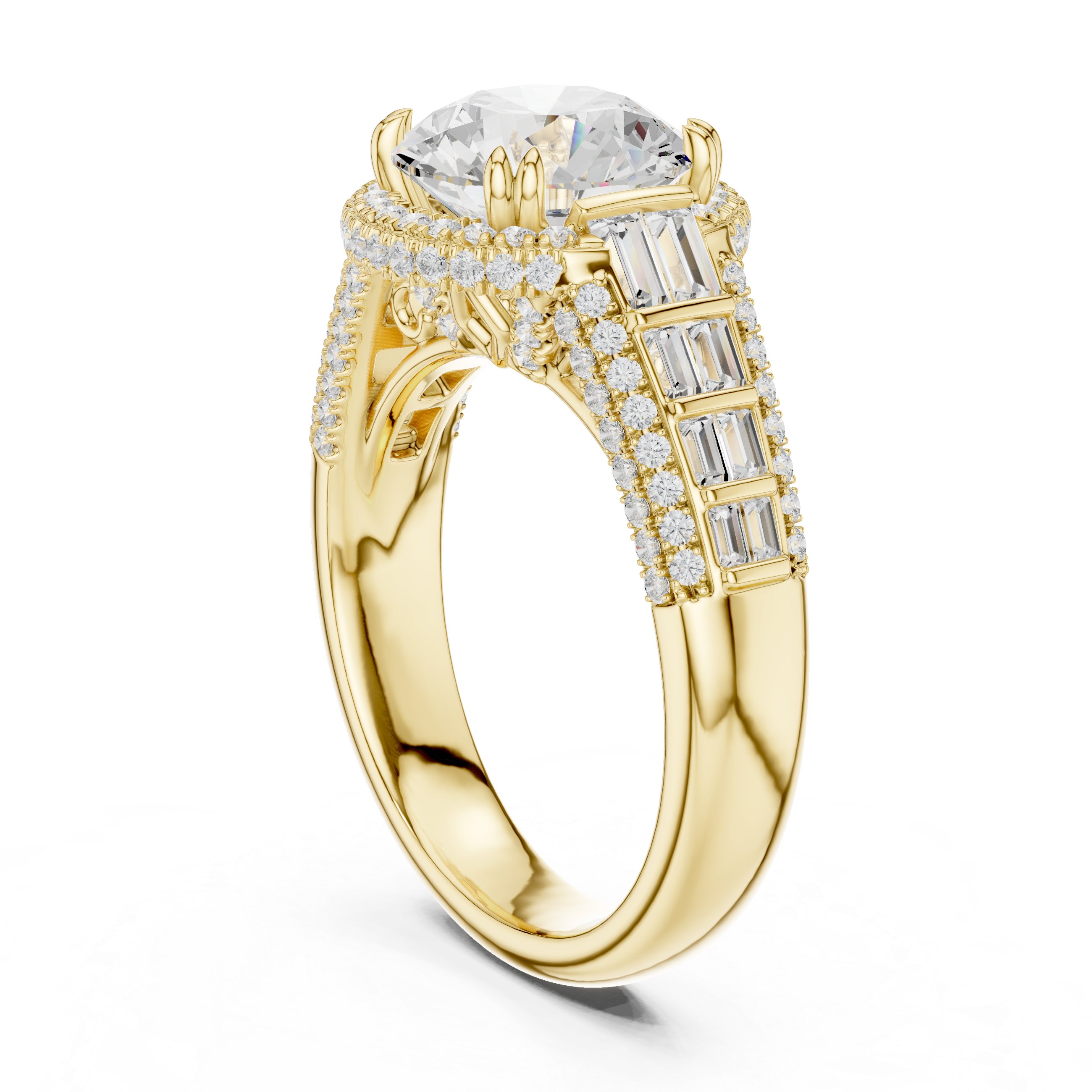 Vintage Round Cut Double Halo Engagement Ring with Baguette Diamond Shoulders