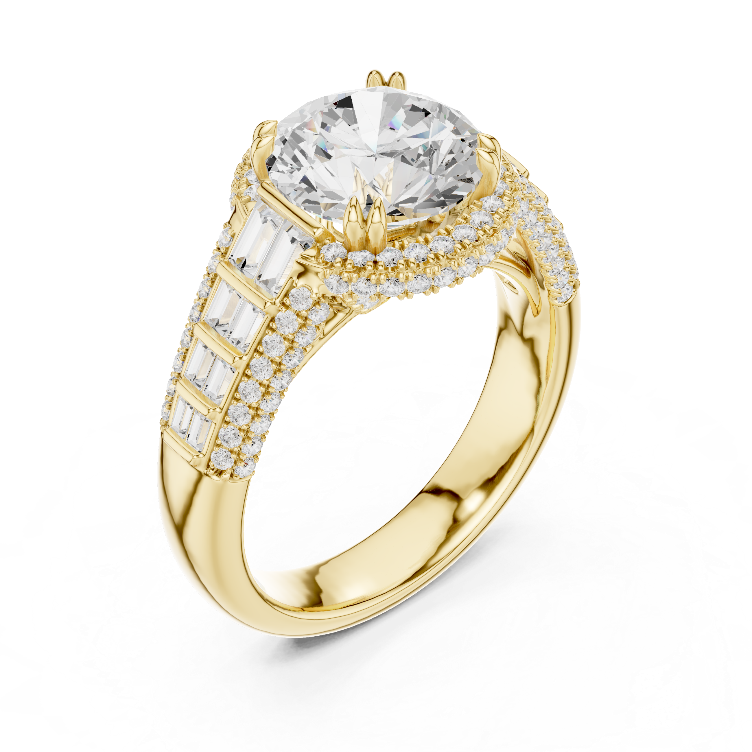 Vintage Round Cut Double Halo Engagement Ring with Baguette Diamond Shoulders