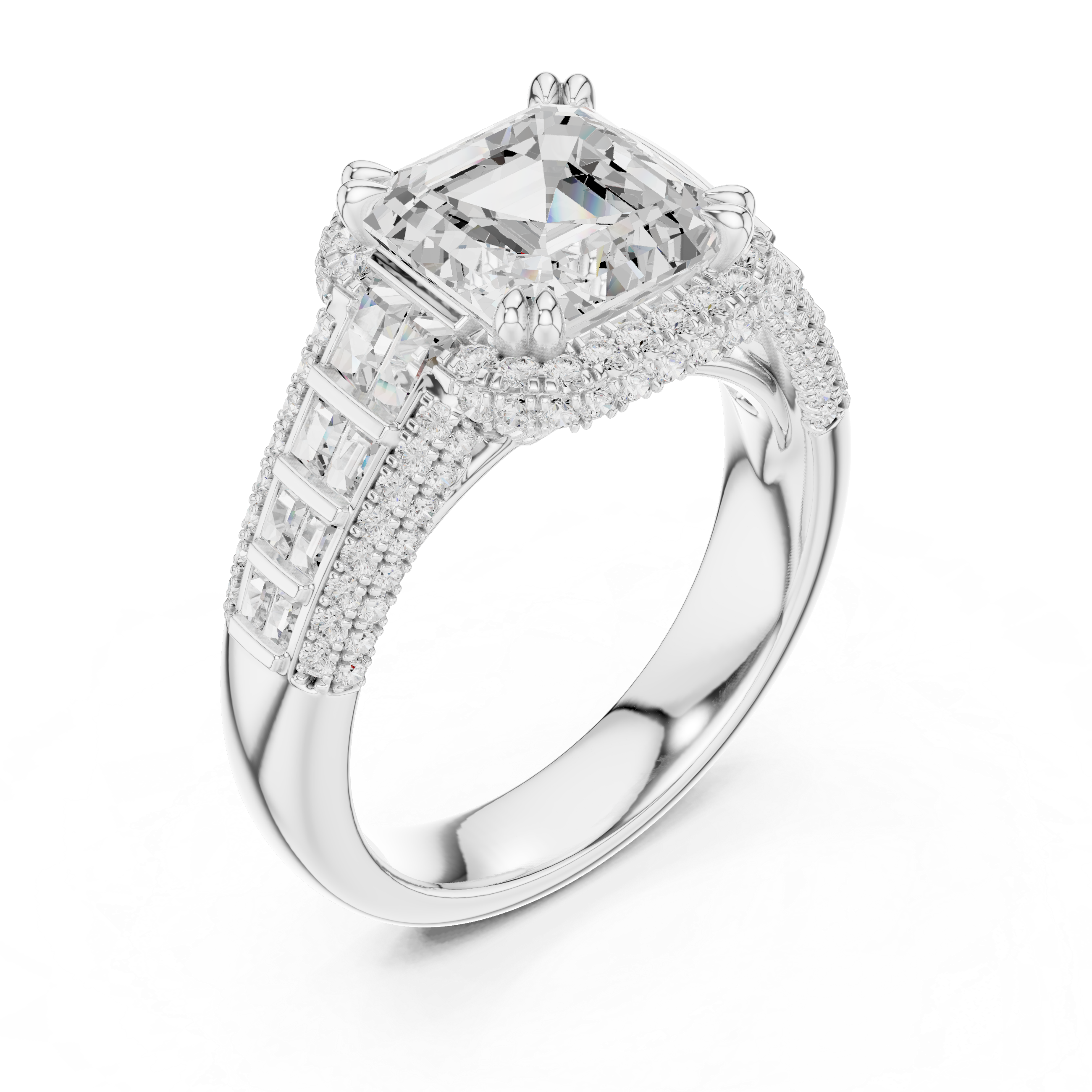 Asscher-Cut Halo Engagement Ring with Graduated Baguette and Pavé Shoulders