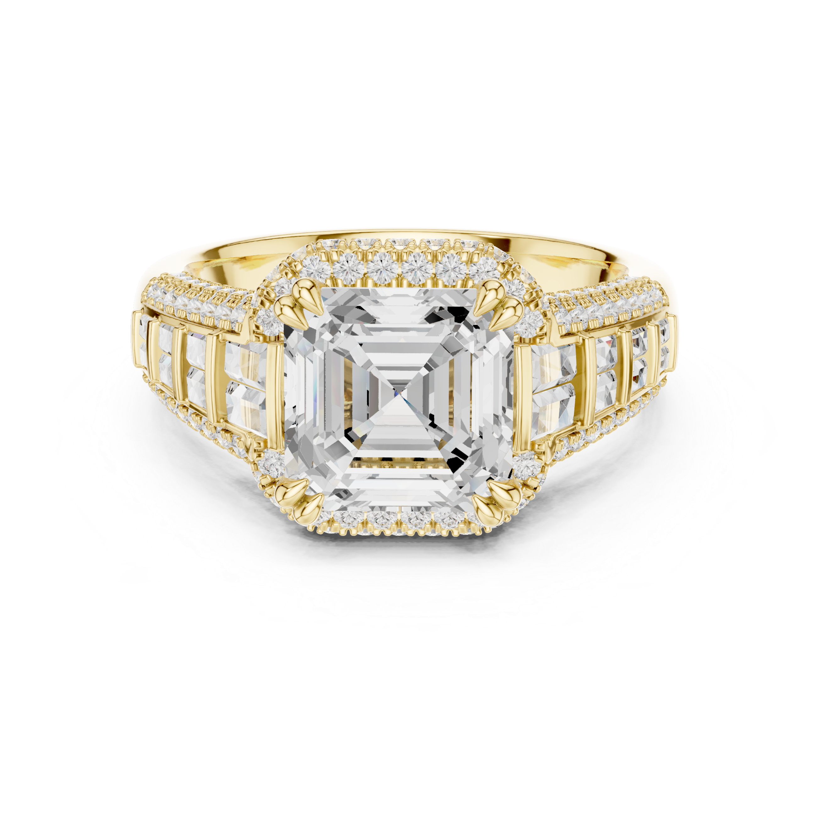 Asscher-Cut Halo Engagement Ring with Graduated Baguette and Pavé Shoulders