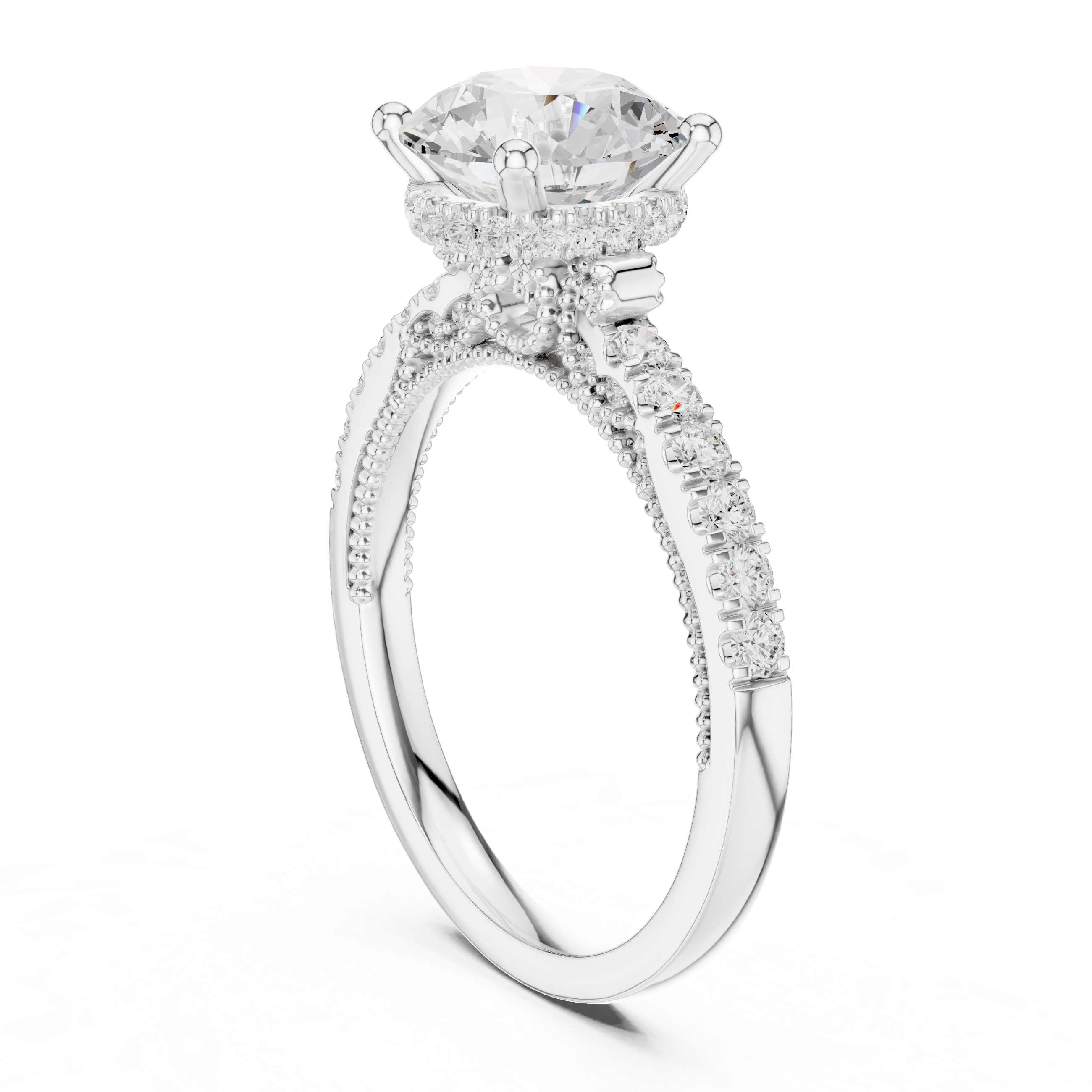 Round-Cut Hidden Halo Solitaire Engagement Ring with Pavé Band