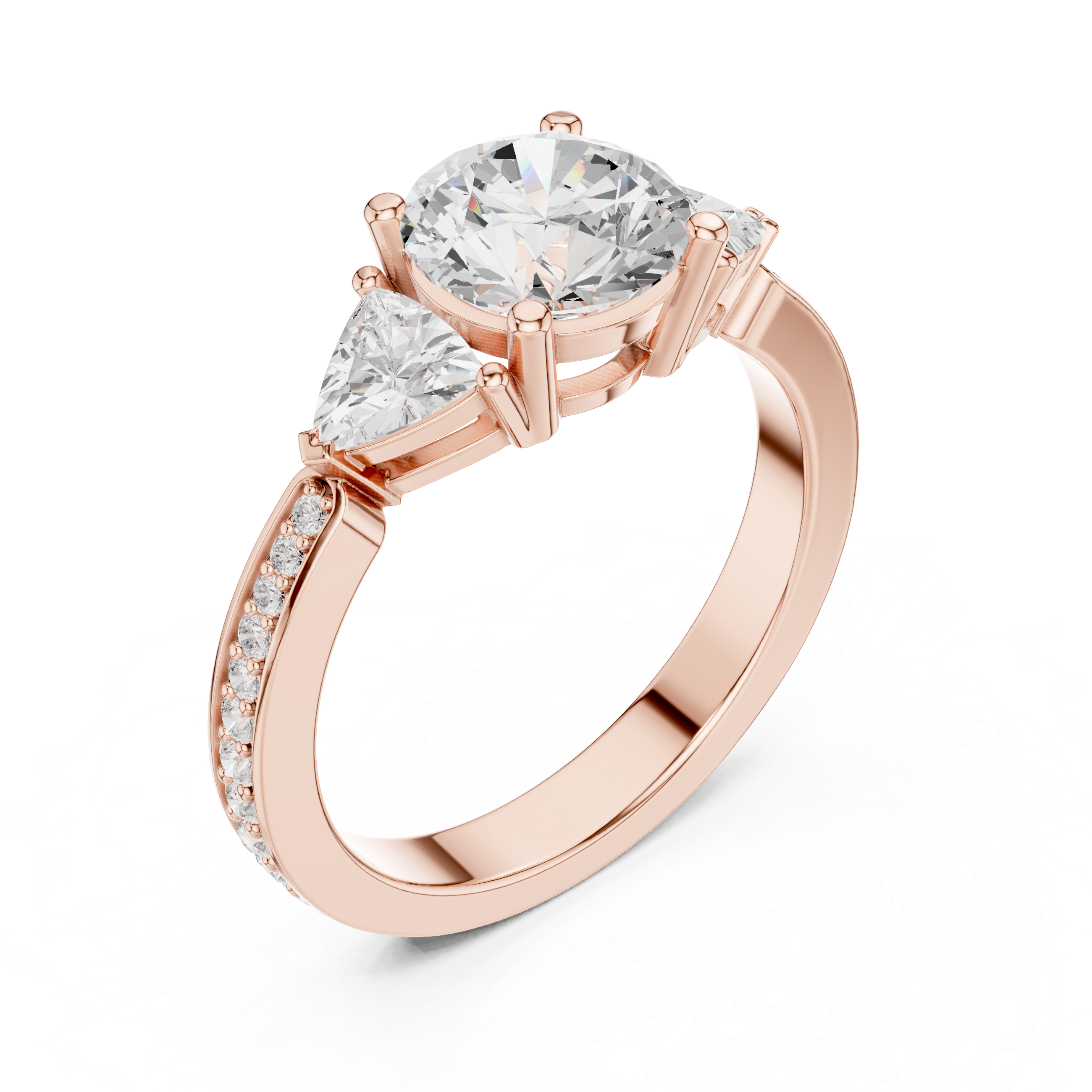 Round-Cut Three-Stone Engagement Ring with Trillion Side Stones and Pavé Band