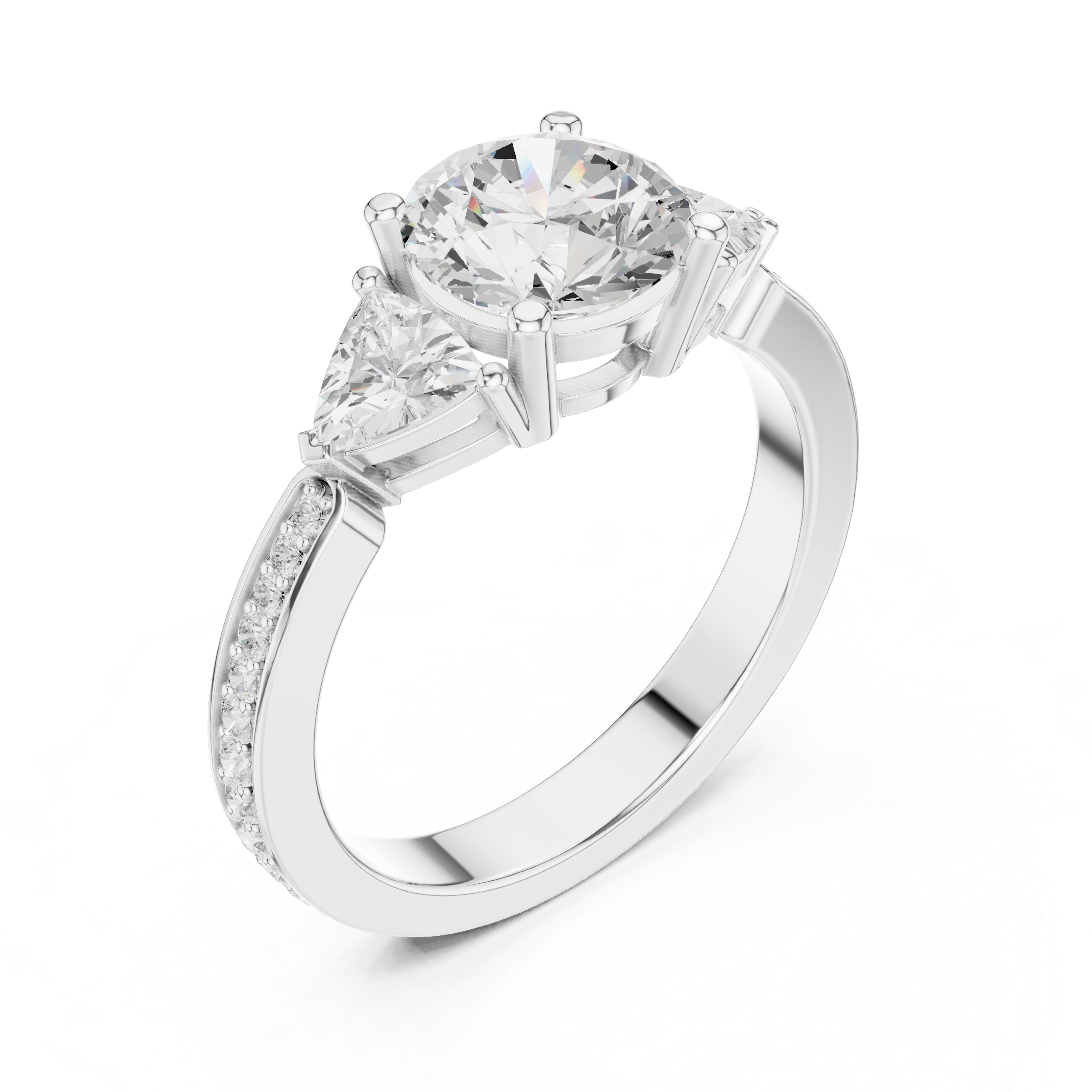 Round-Cut Three-Stone Engagement Ring with Trillion Side Stones and Pavé Band