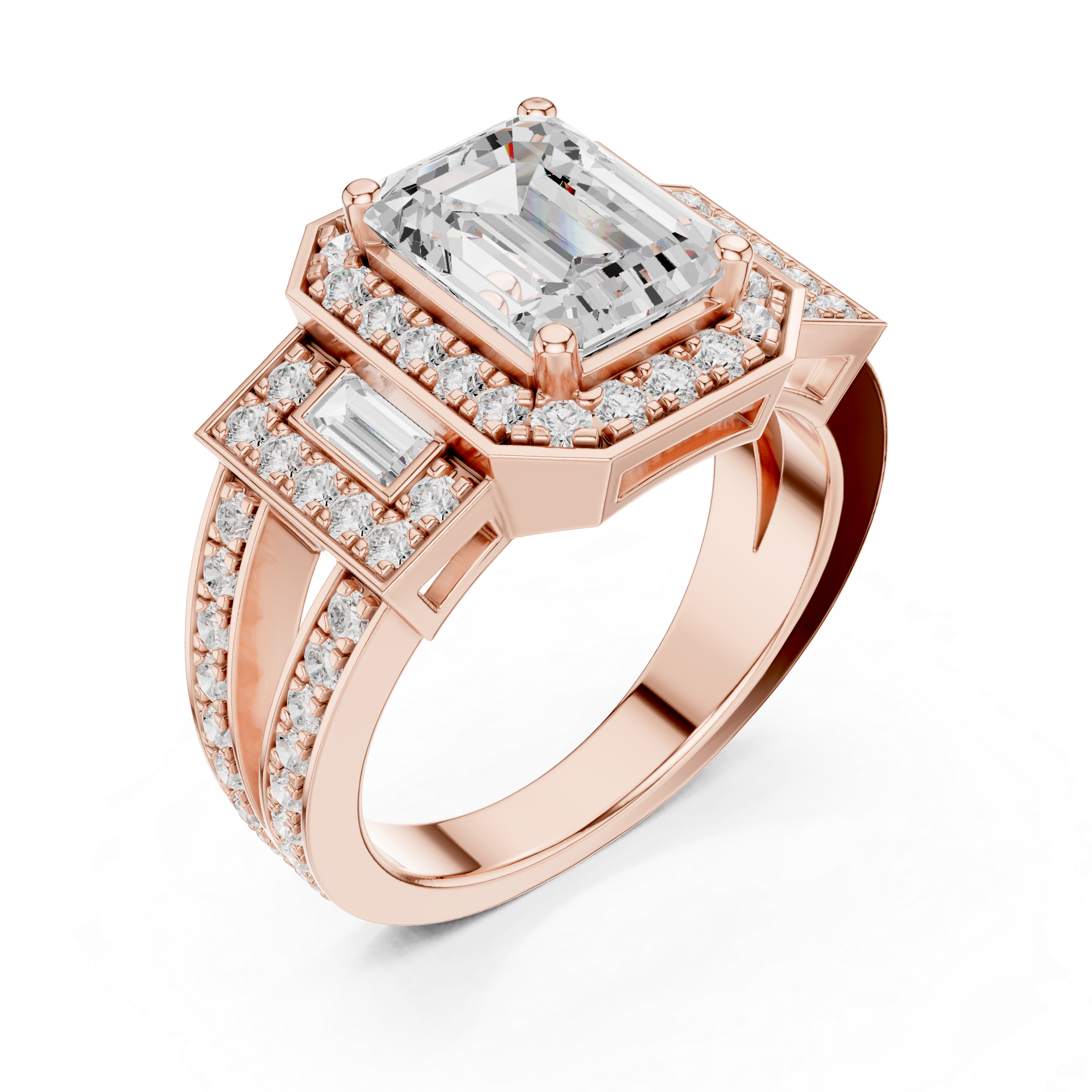 Emerald-Cut Geometric Halo Engagement Ring with Baguette Side Stones