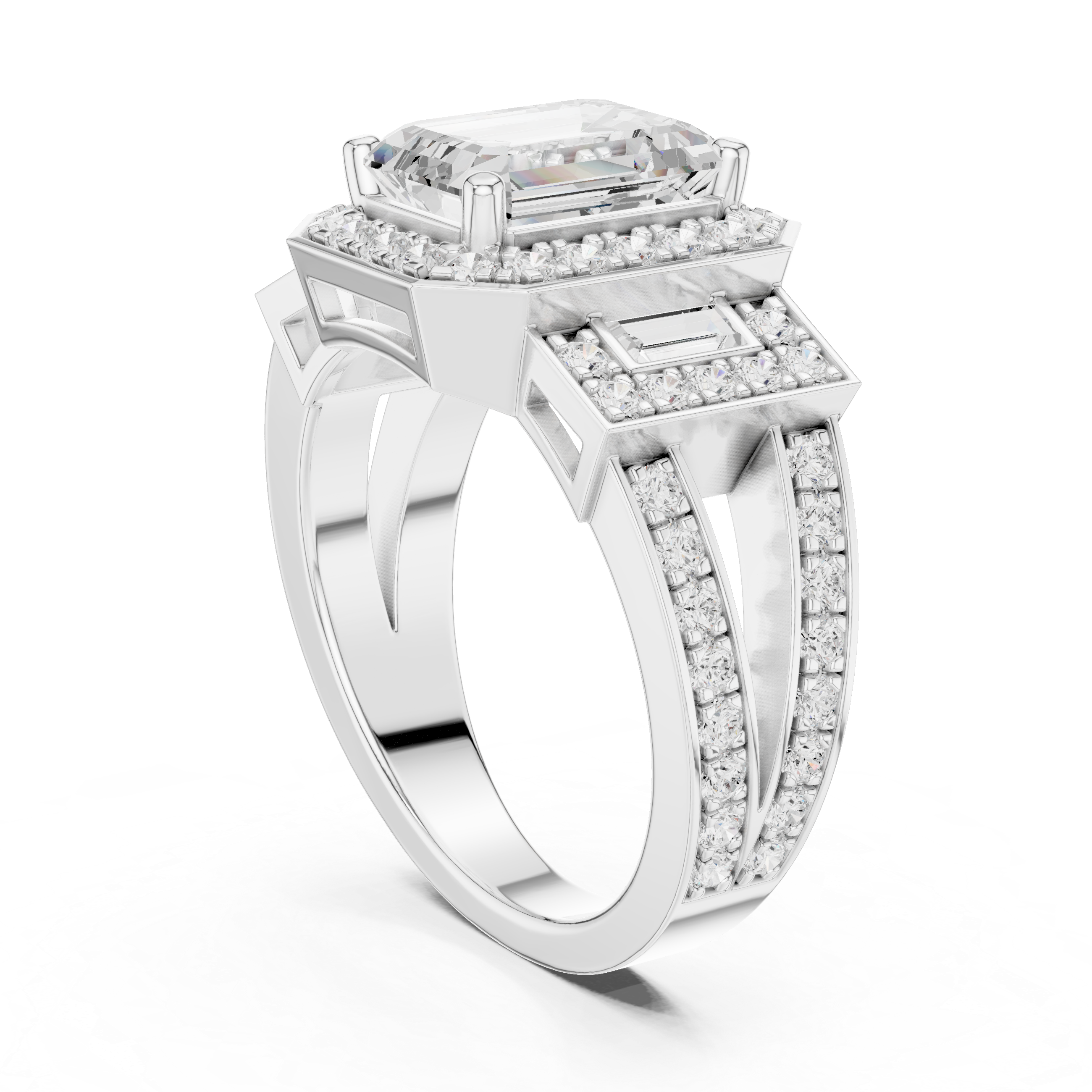 Emerald-Cut Geometric Halo Engagement Ring with Baguette Side Stones