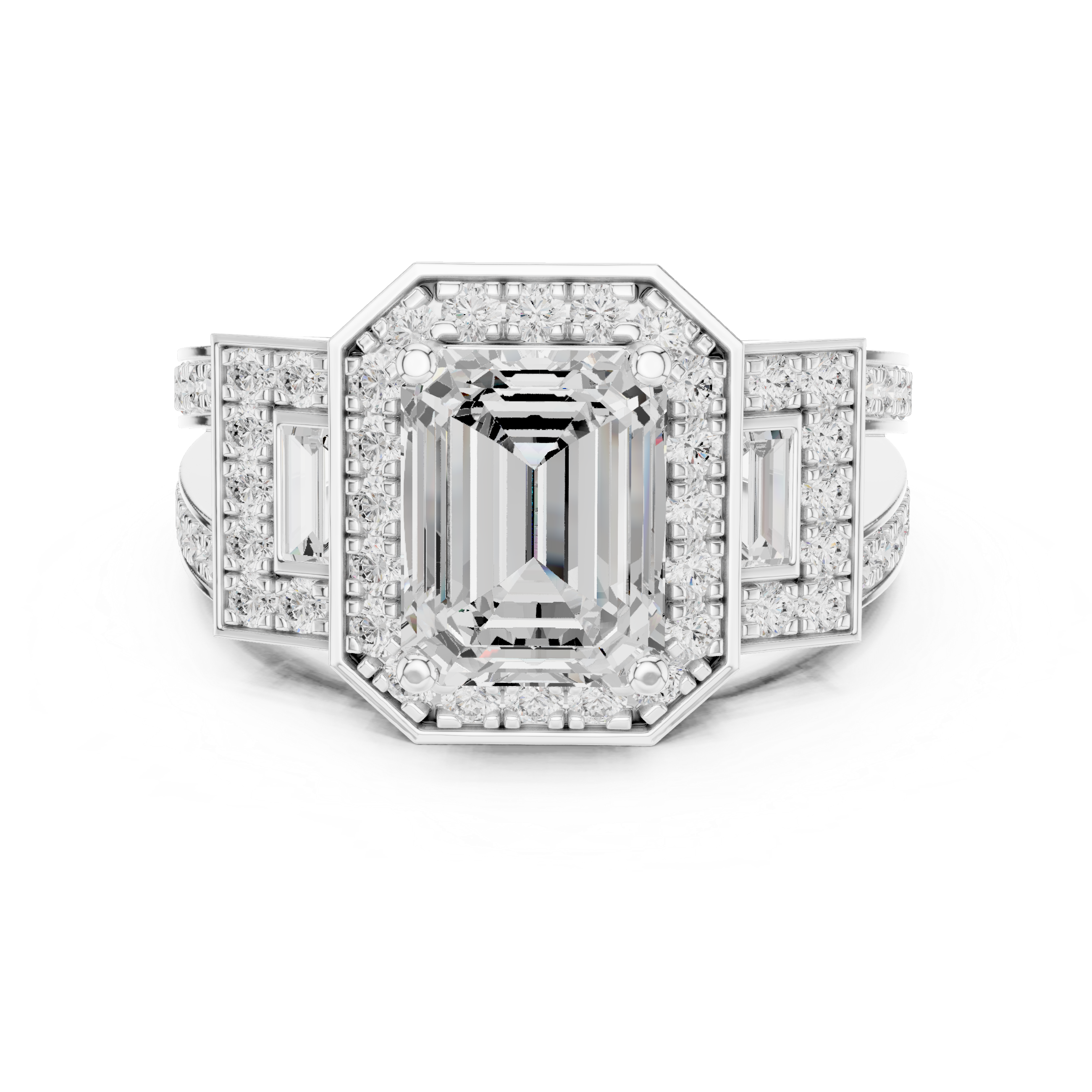 Emerald-Cut Geometric Halo Engagement Ring with Baguette Side Stones