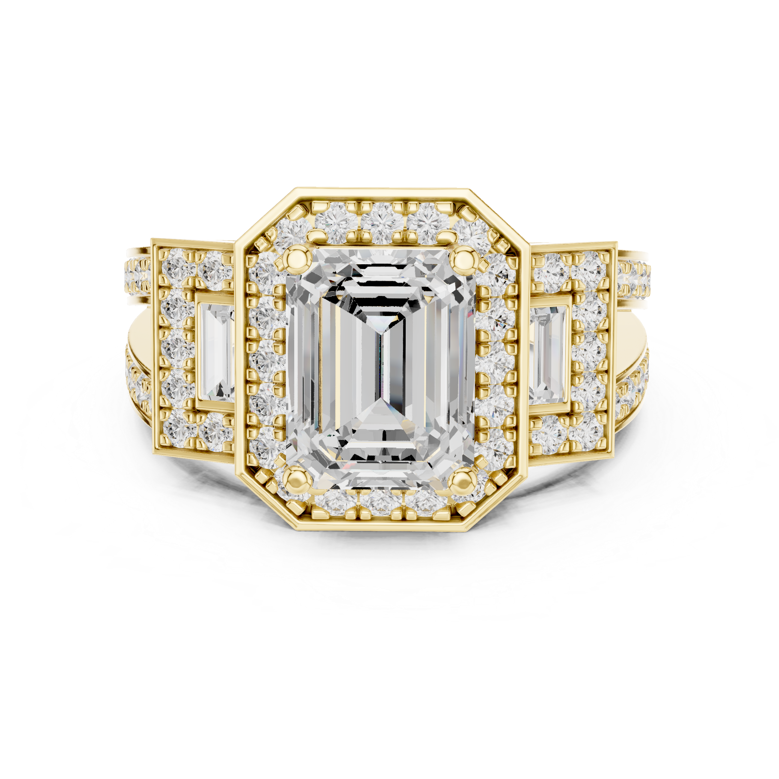Emerald-Cut Geometric Halo Engagement Ring with Baguette Side Stones