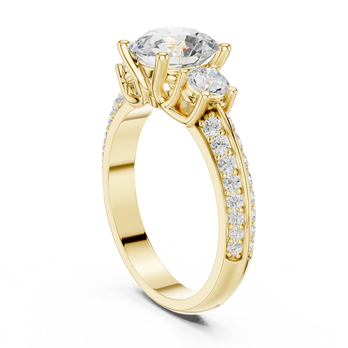 Round-Cut Three-Stone Engagement Ring with Split Pavé Band