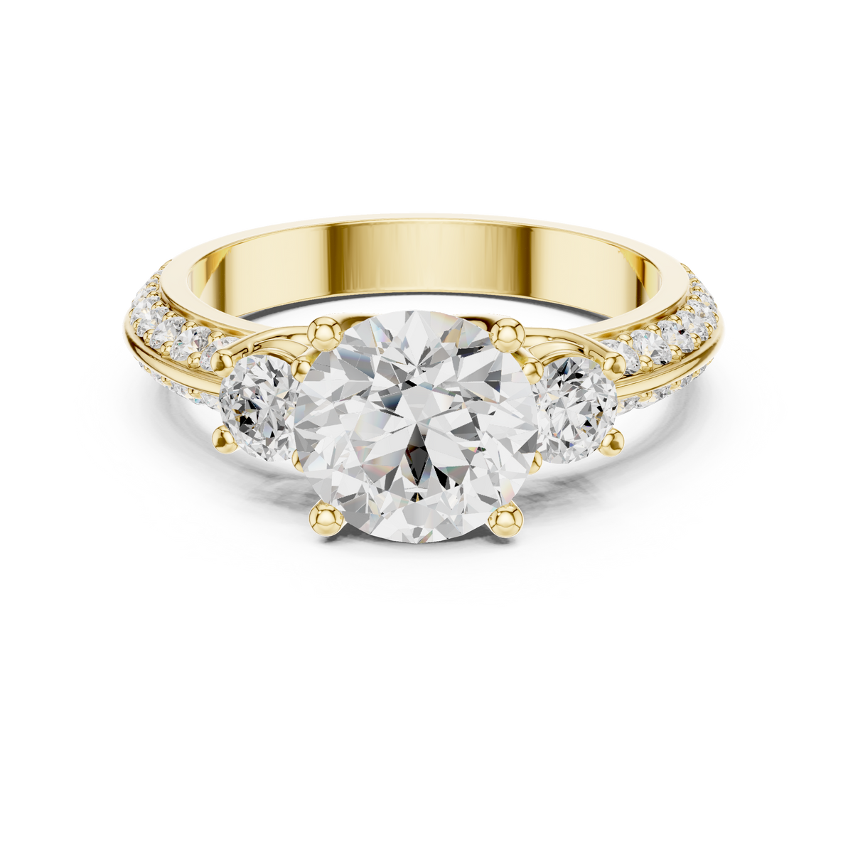 Round-Cut Three-Stone Engagement Ring with Split Pavé Band