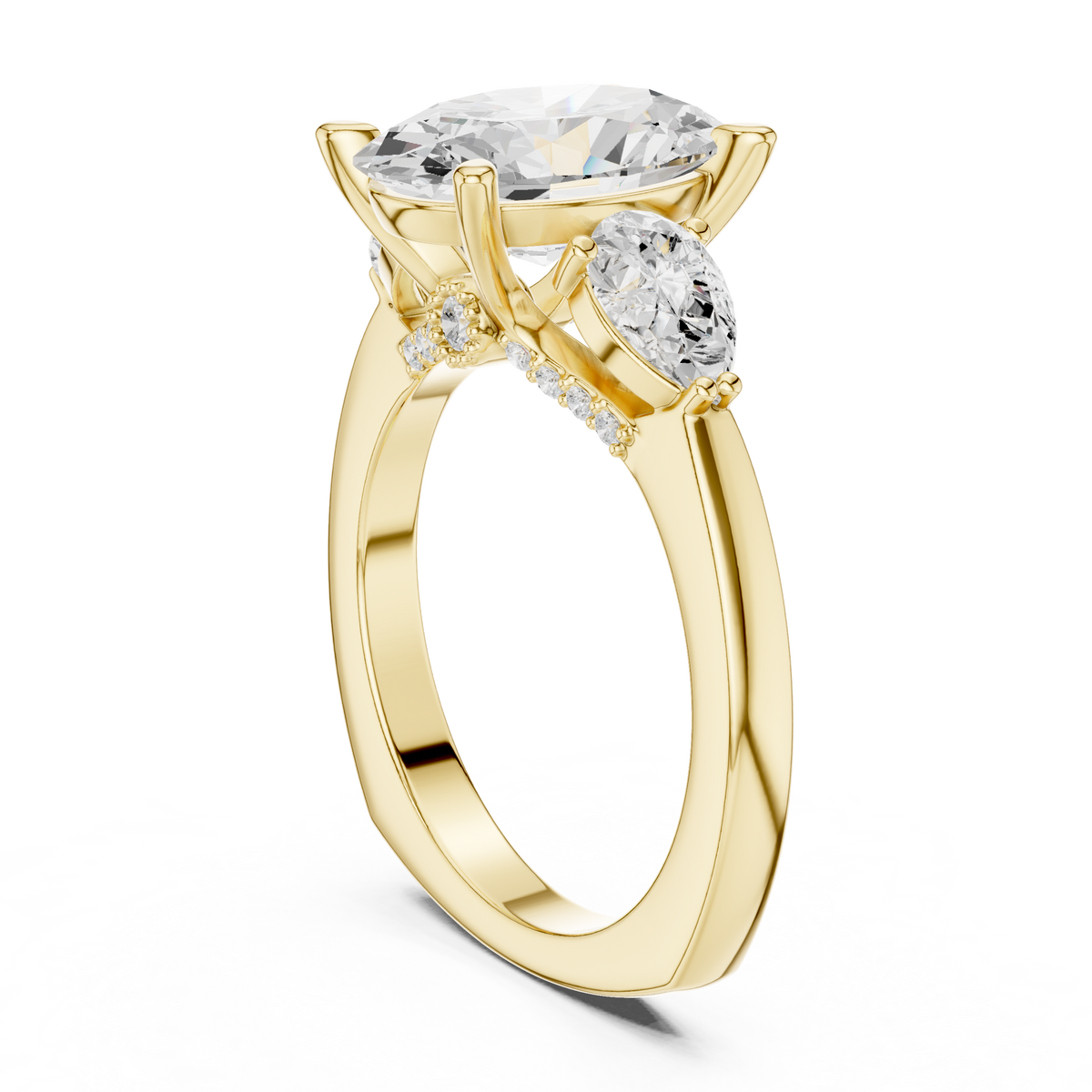 Oval-Cut Three-Stone Engagement Ring with Pear-Cut Side Stones and Hidden Accent Details