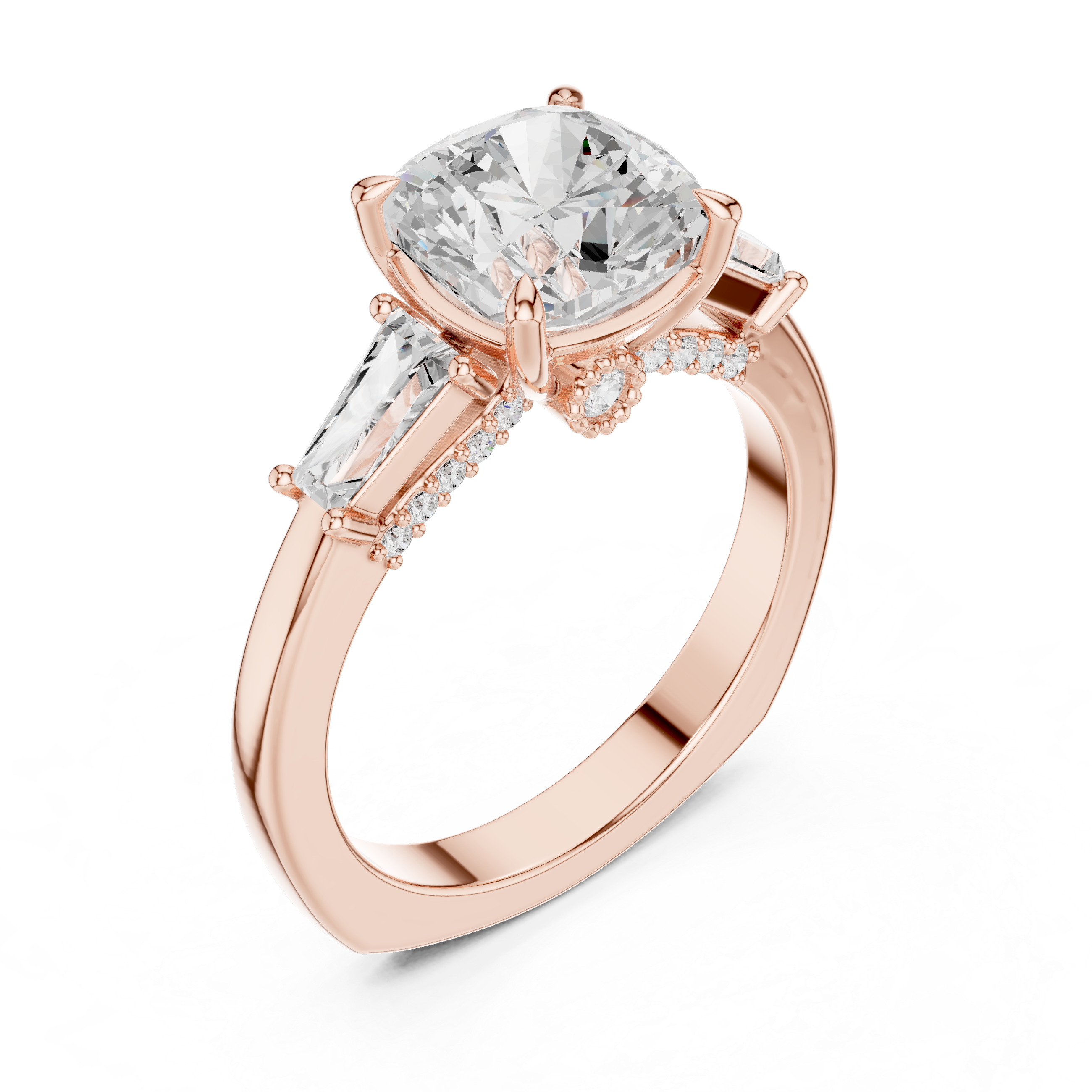 Cushion-Cut Three-Stone Engagement Ring with Tapered Baguette Side Stones and Hidden Pavé Detail