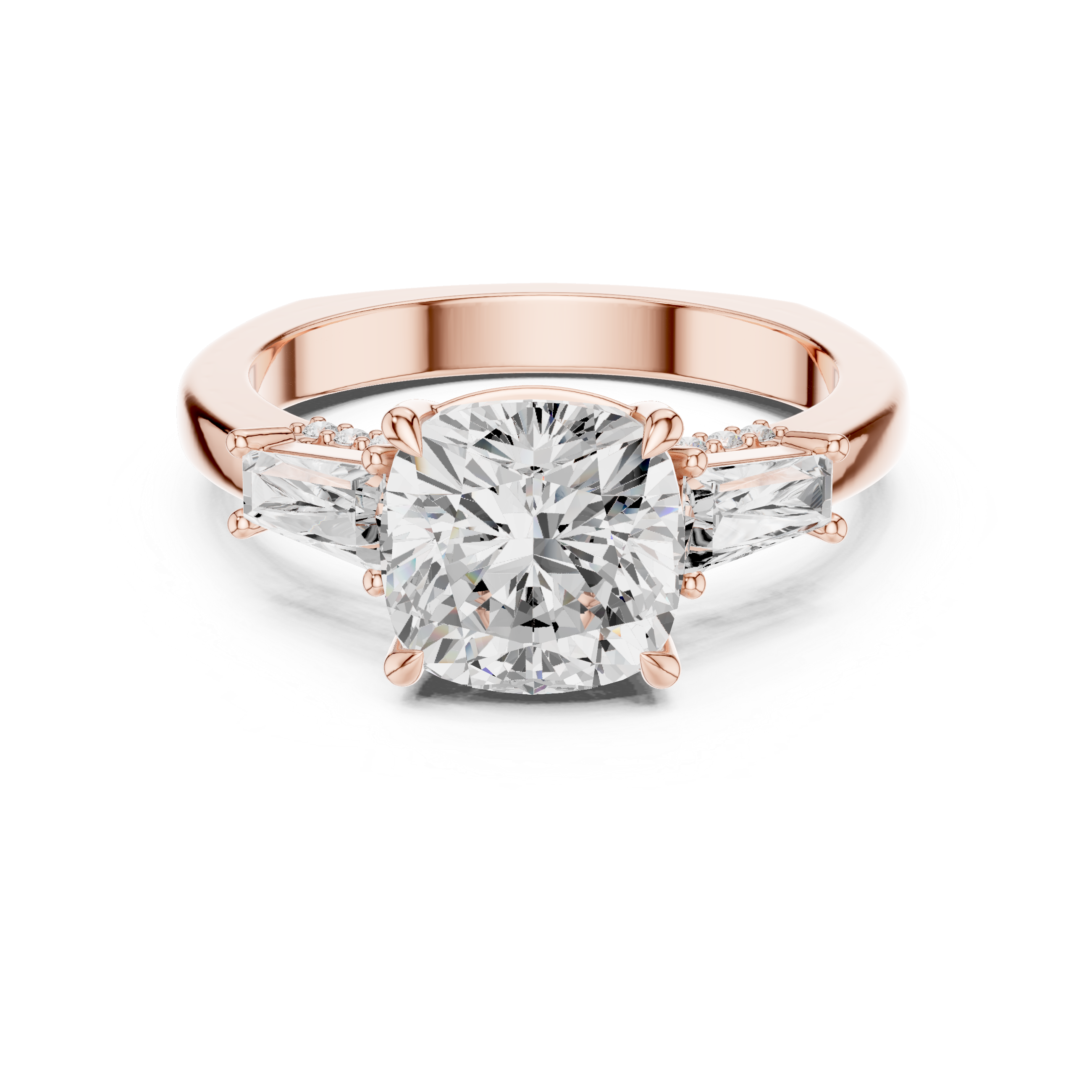 Cushion-Cut Three-Stone Engagement Ring with Tapered Baguette Side Stones and Hidden Pavé Detail