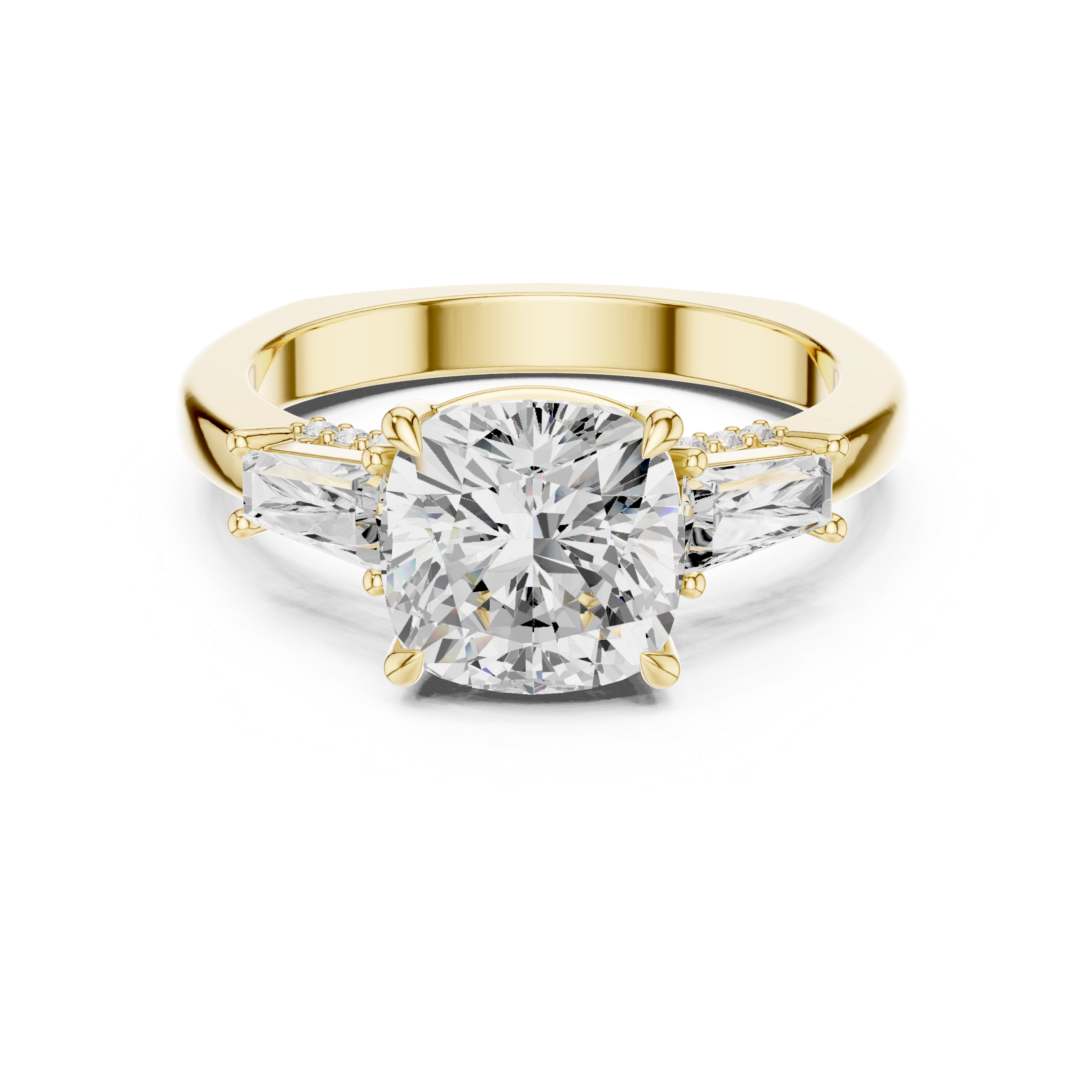 Cushion-Cut Three-Stone Engagement Ring with Tapered Baguette Side Stones and Hidden Pavé Detail