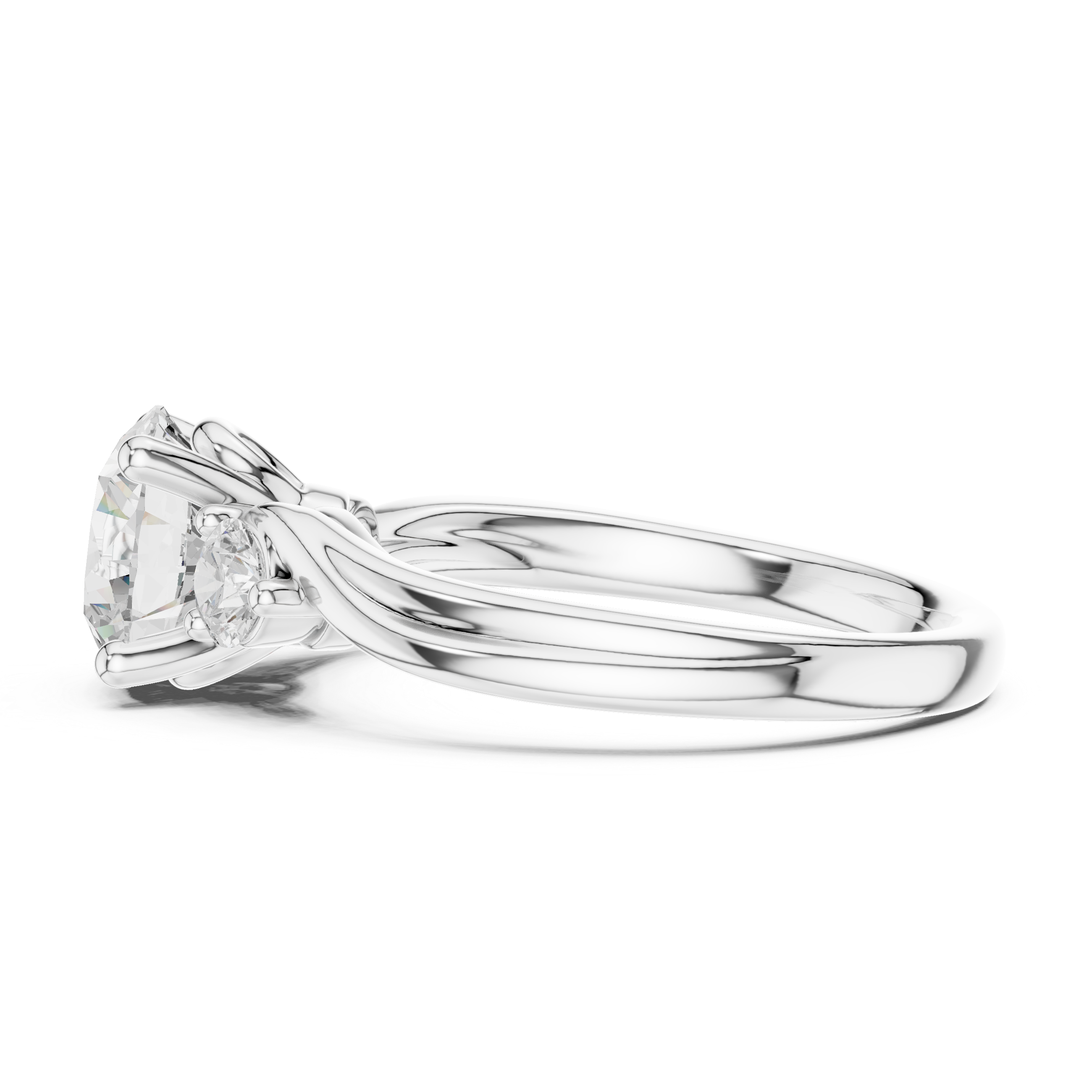 Round-Cut Three-Stone Engagement Ring with Sculpted Bypass Shoulders