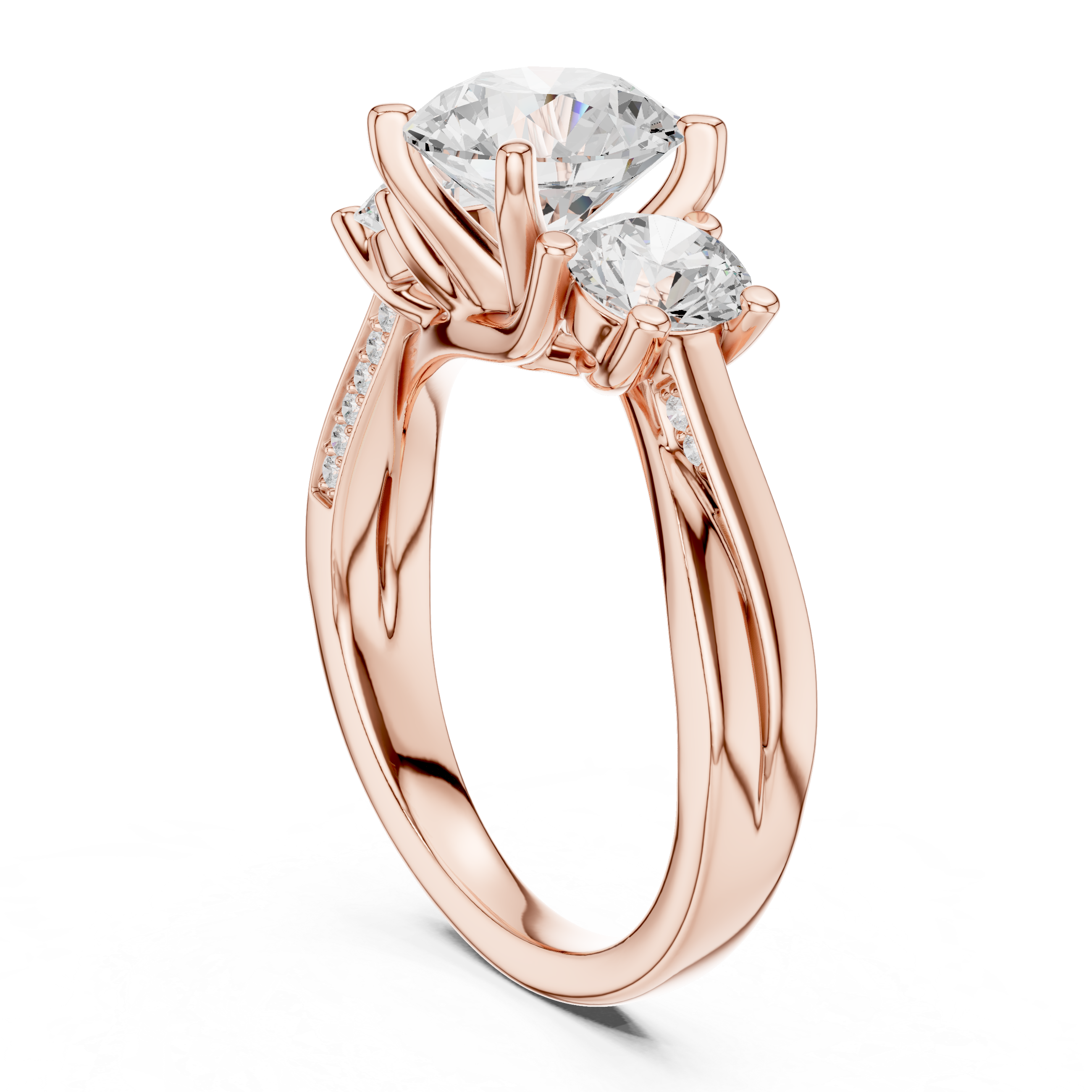 Round-Cut Three-Stone Engagement Ring with Twisted Pavé Split Shank