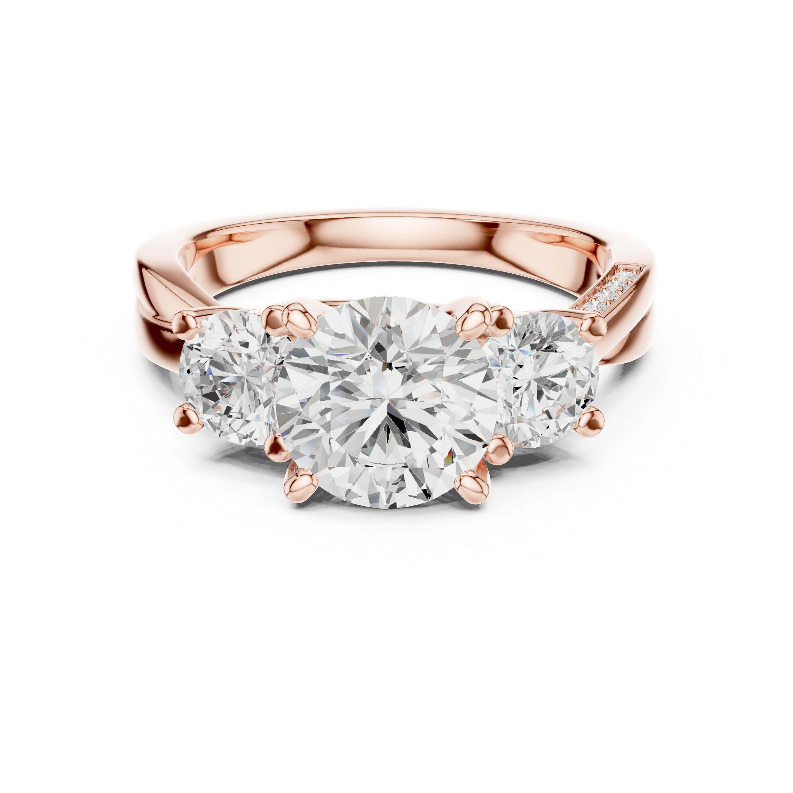 Round-Cut Three-Stone Engagement Ring with Twisted Pavé Split Shank