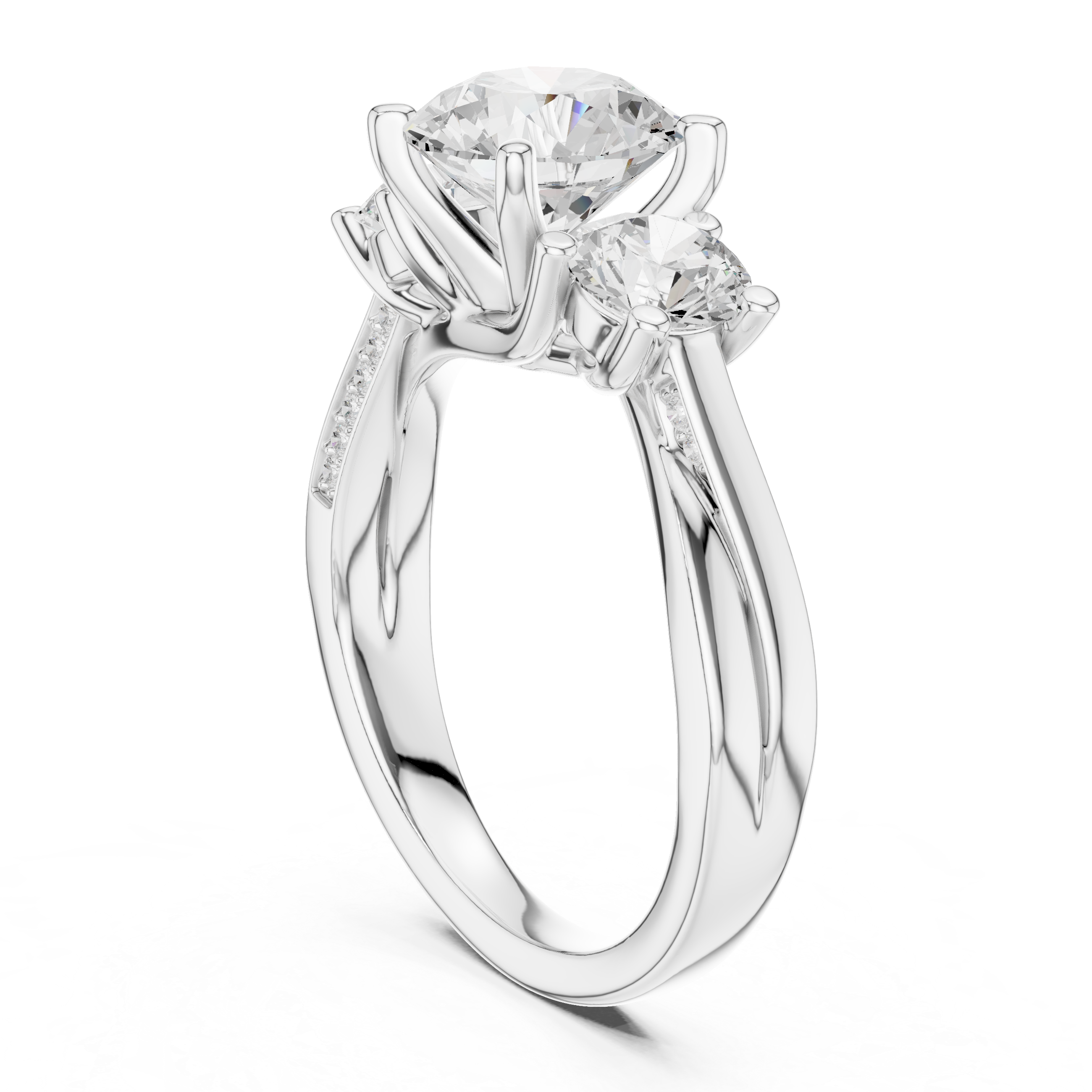 Round-Cut Three-Stone Engagement Ring with Twisted Pavé Split Shank