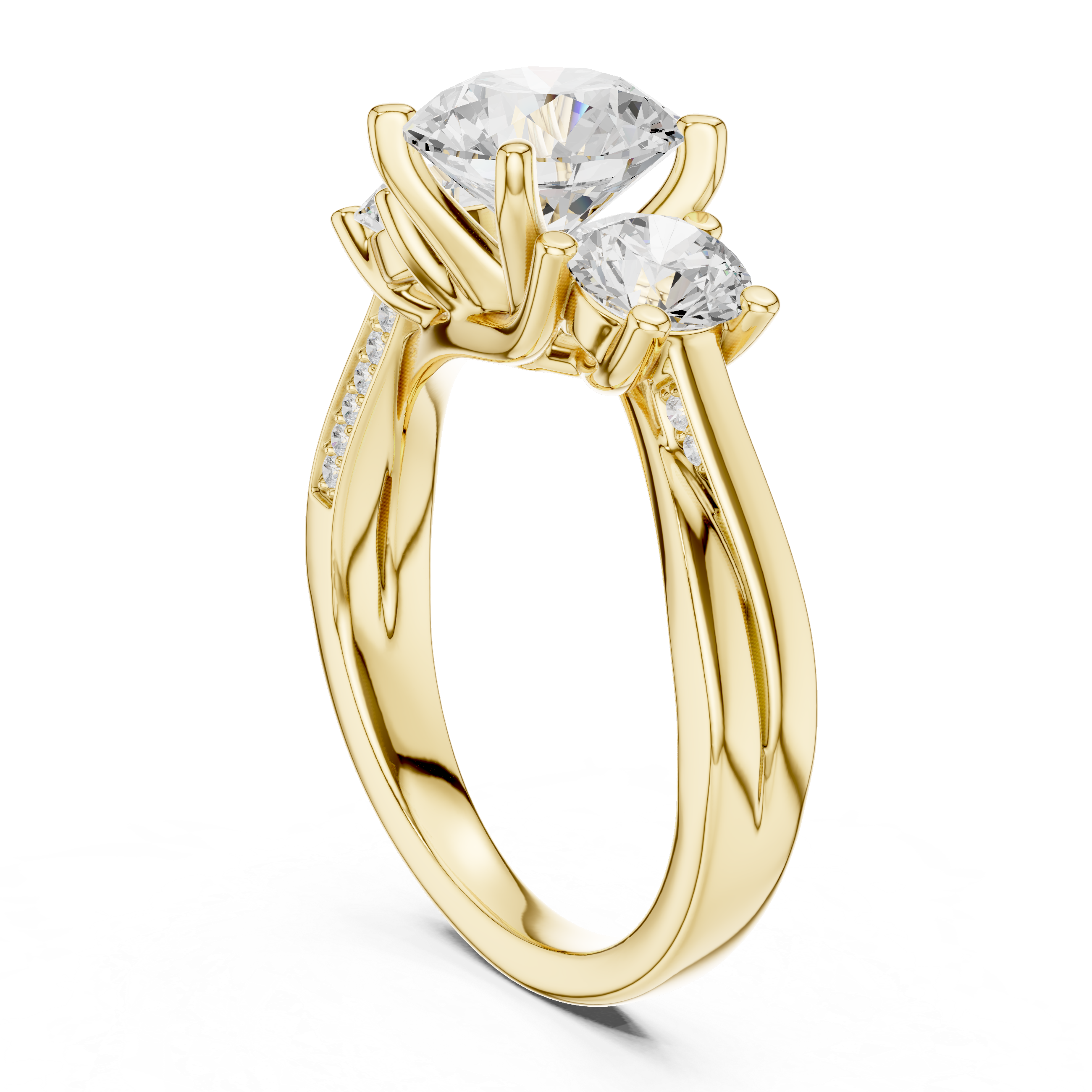 Round-Cut Three-Stone Engagement Ring with Twisted Pavé Split Shank