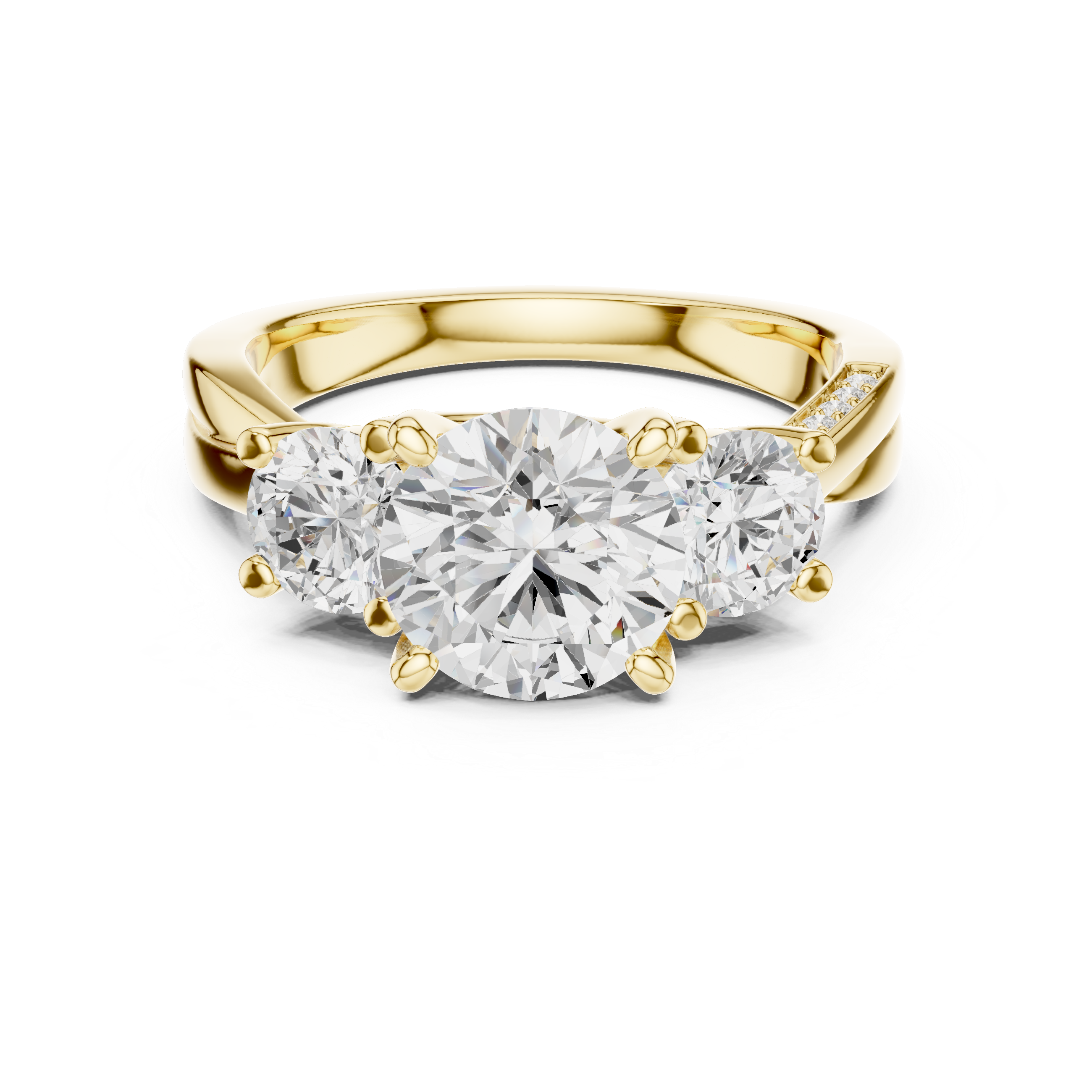 Round-Cut Three-Stone Engagement Ring with Twisted Pavé Split Shank