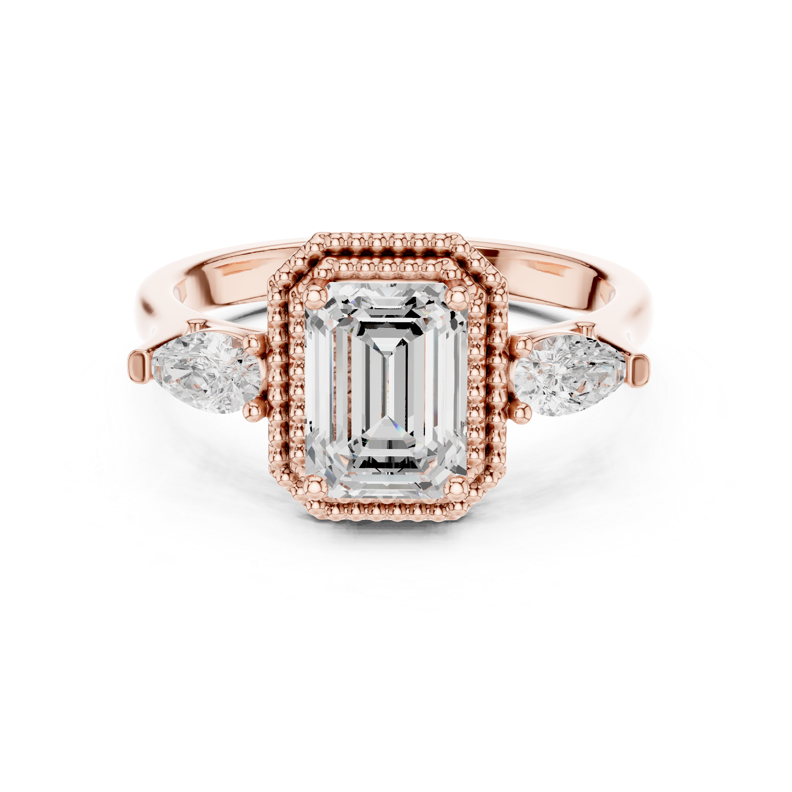 Emerald-Cut Three-Stone Engagement Ring with Pear Side Stones and Double Beaded Frame