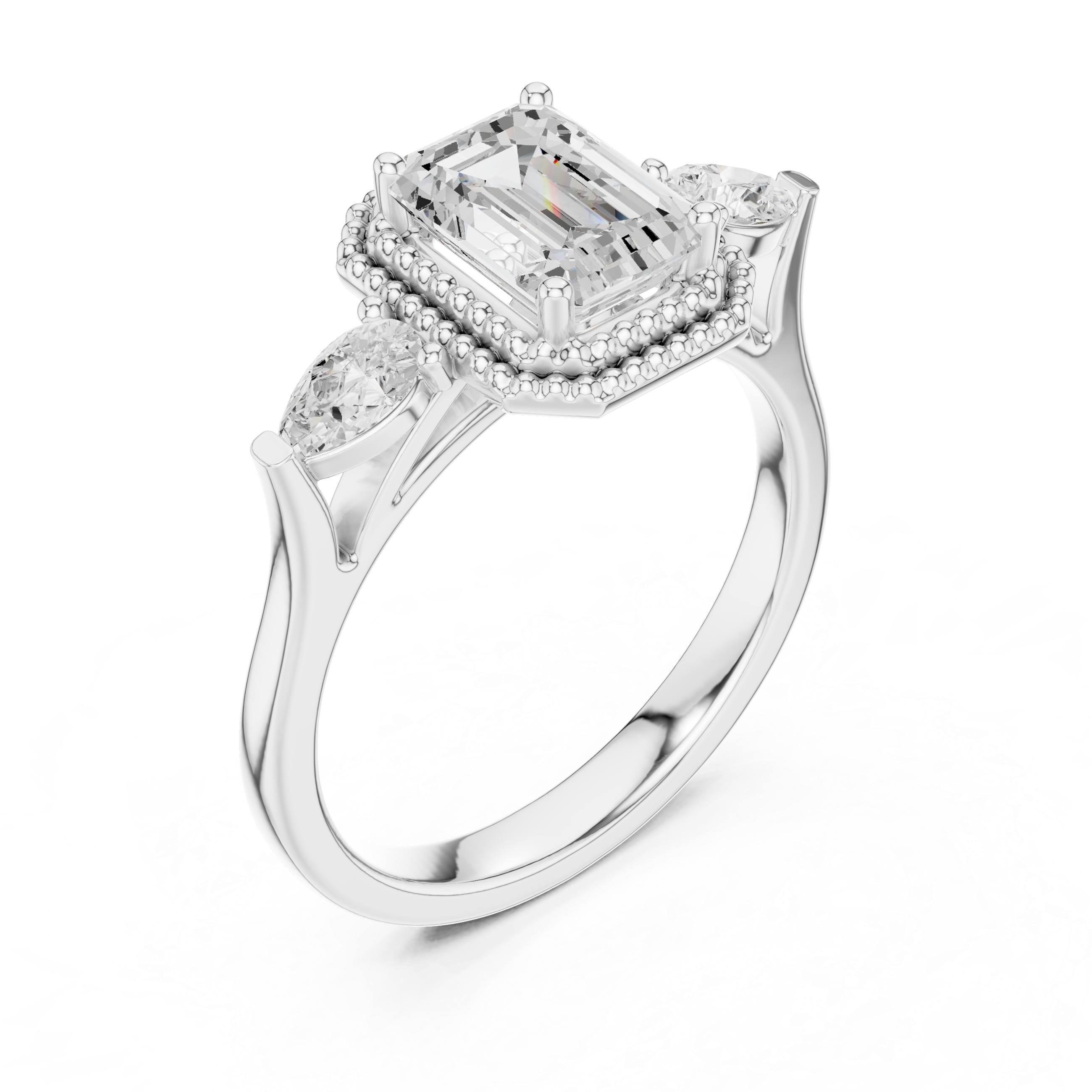 Emerald-Cut Three-Stone Engagement Ring with Pear Side Stones and Double Beaded Frame