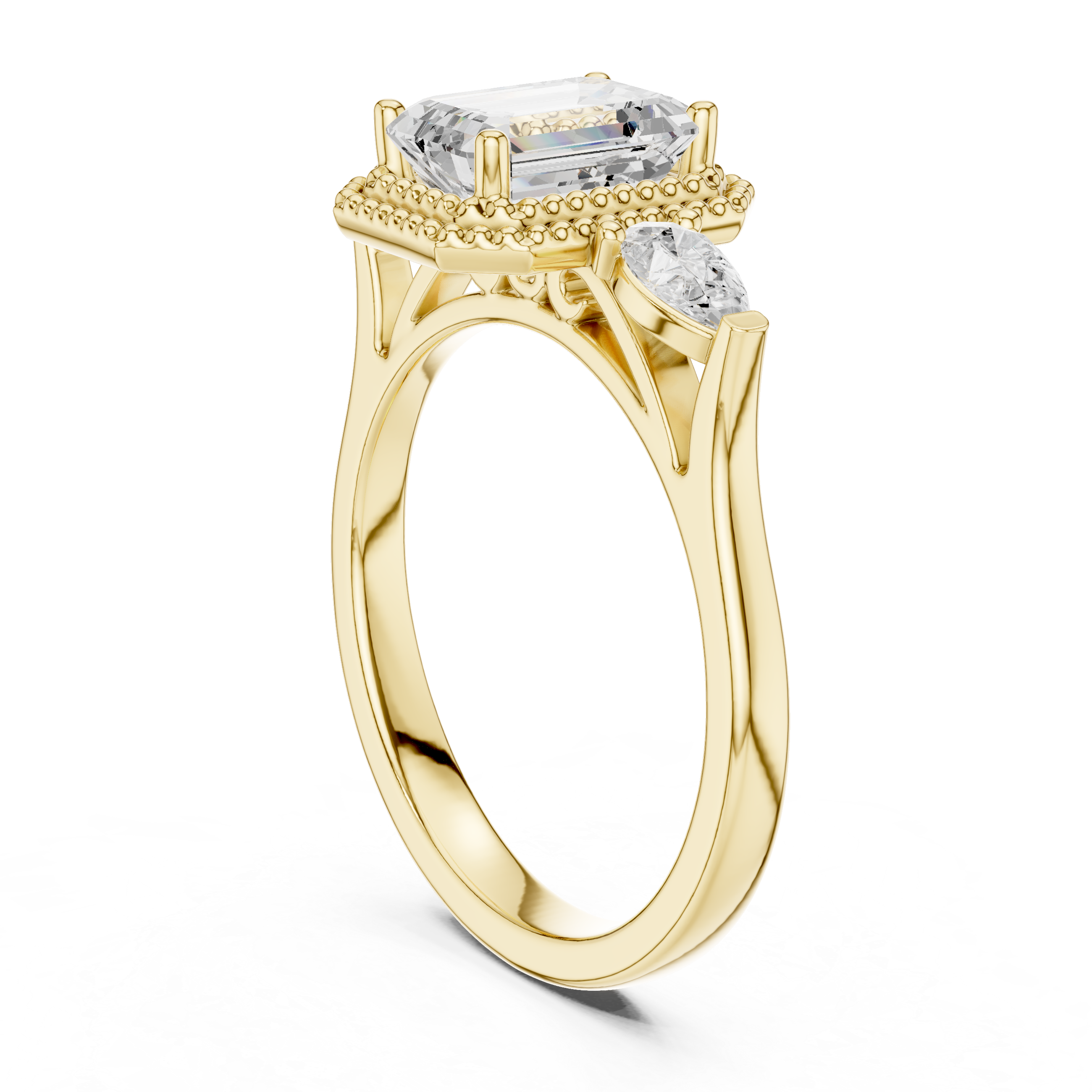 Emerald-Cut Three-Stone Engagement Ring with Pear Side Stones and Double Beaded Frame