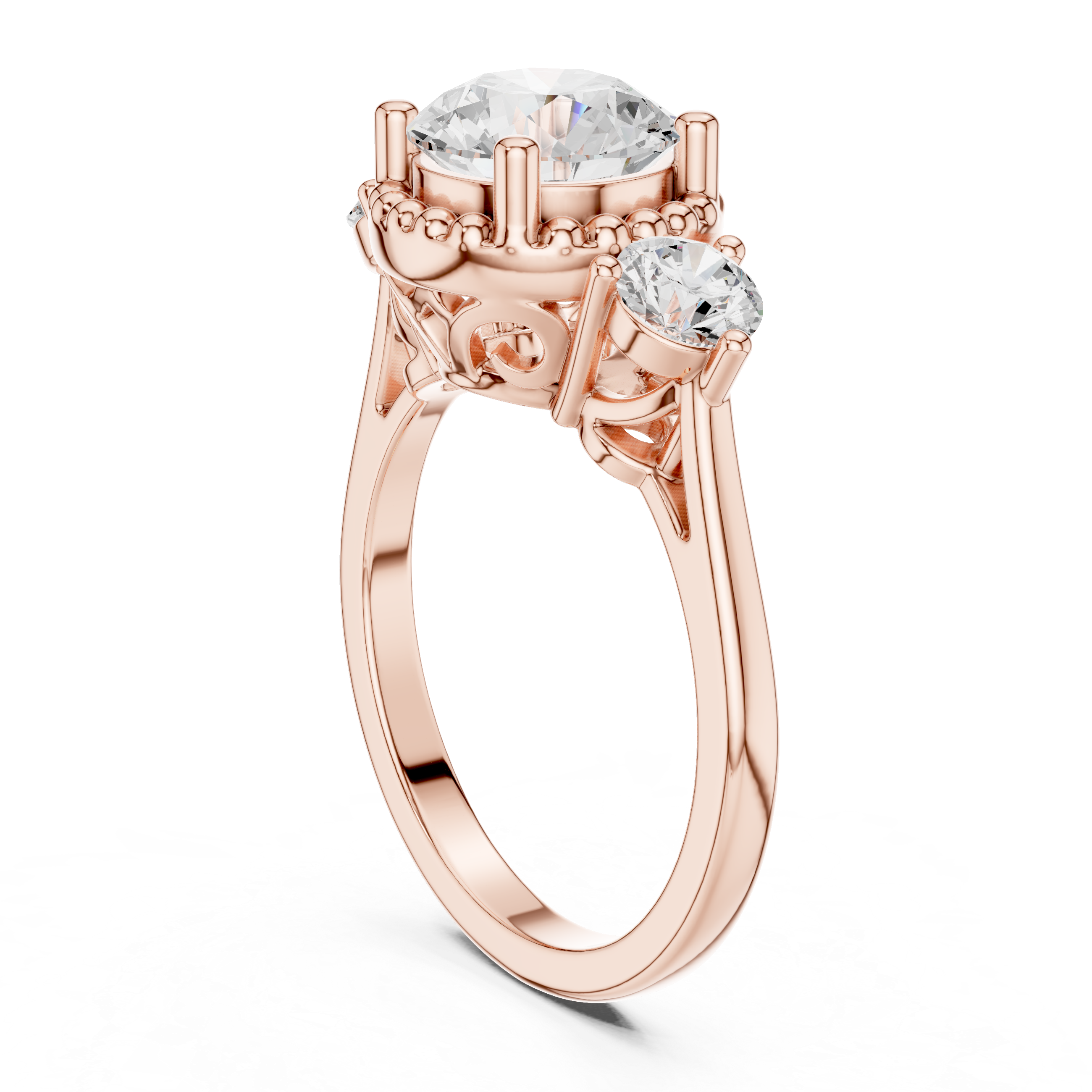 Round Three-Stone Engagement Ring with Beaded Frame and Decorative Open Gallery